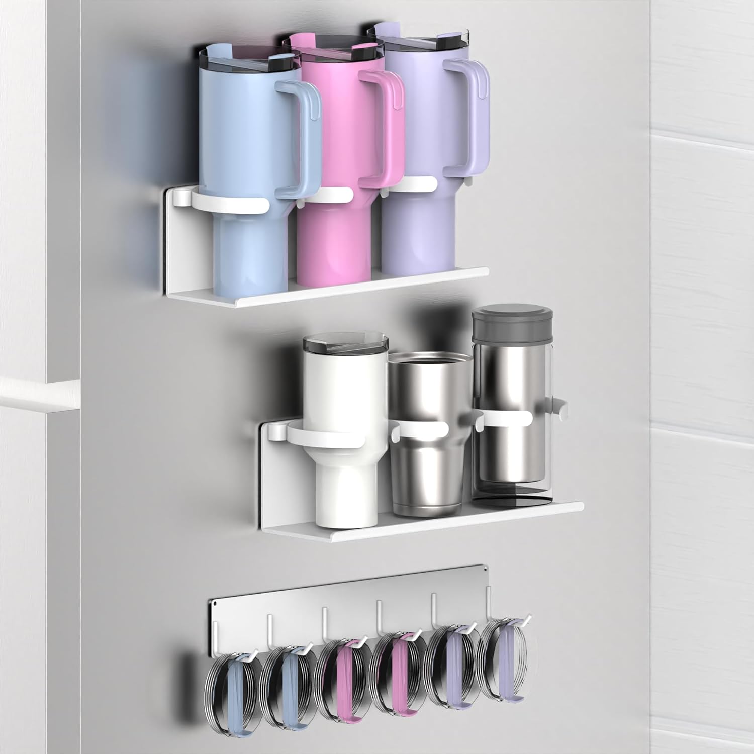 EASTTOWEST Magnetic Cup Holder for Fridge 8 Slots Universal Water Bottle Organizer Rack with Hooks for Stanley Owala Yeti Tumbler up to 40oz(2x4-CUPS White)