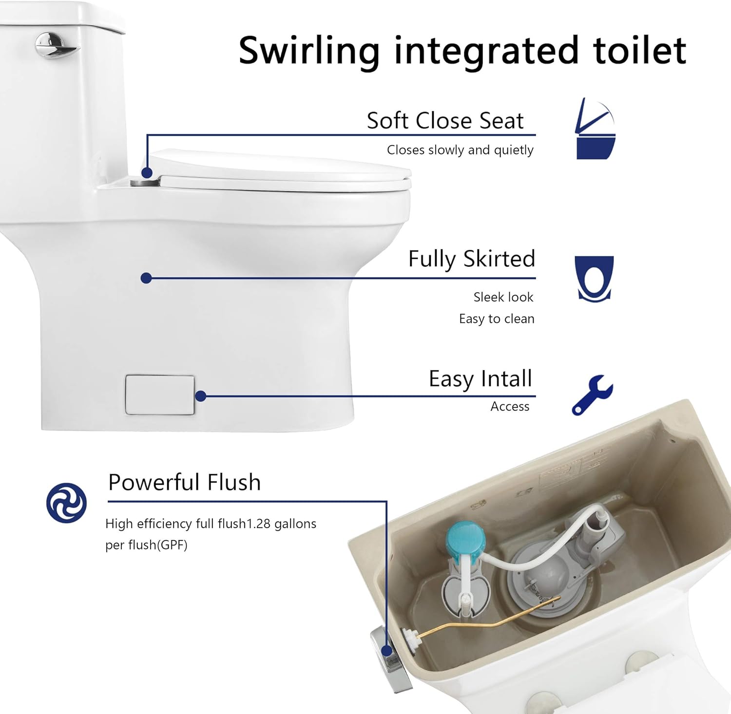 DeerValley DV-1F52828 White ADA Comfort Height toilet and Elongated One Piece Toilet, with Soft Closing Seat and Left-hand Chrome Trip Lever Included, High-Efficiency - - 