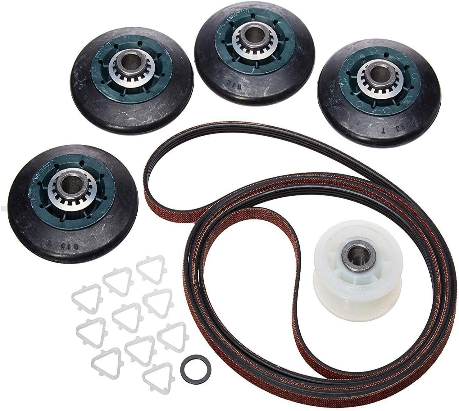 Image showing one dryer belt, four dryer drum rollers, one idler pulley, and several triangular clips.