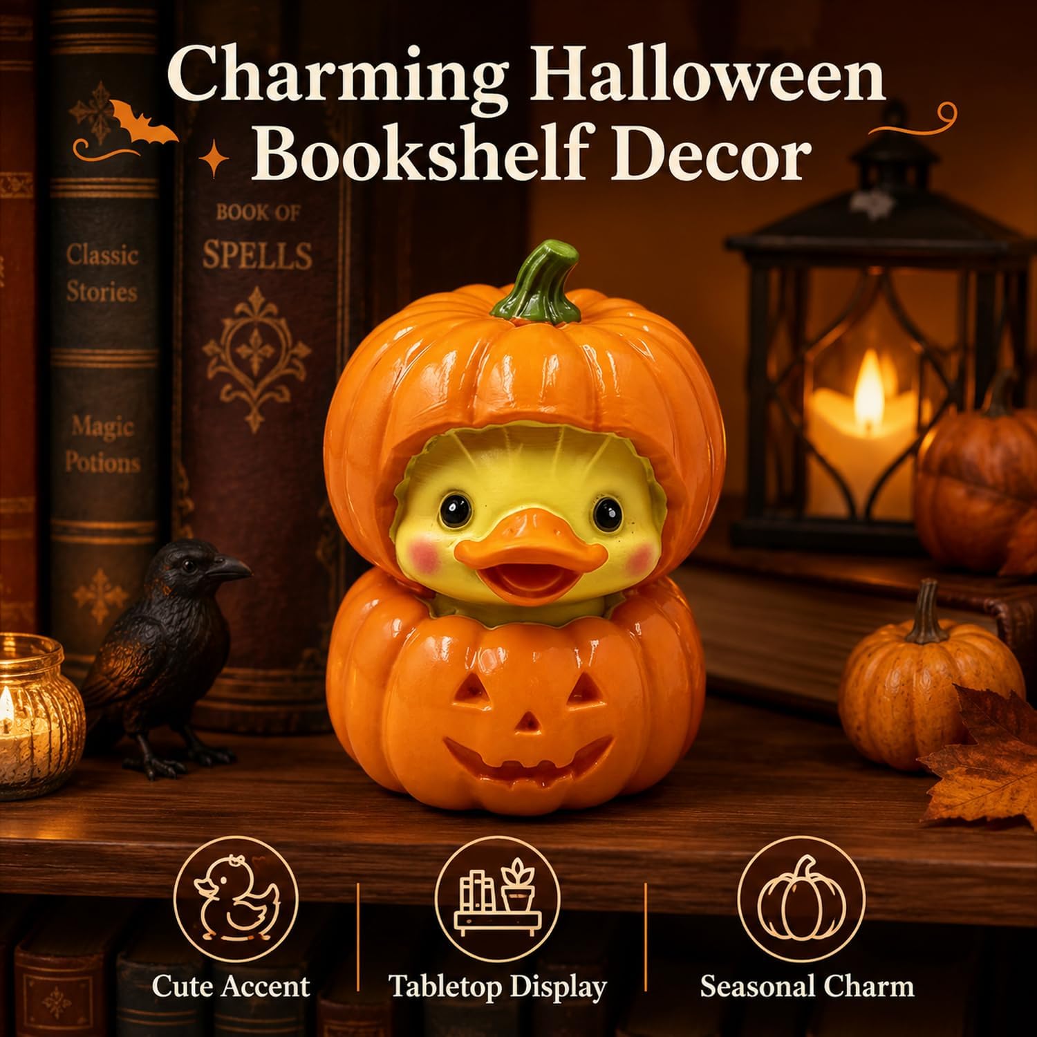 Halloween Duck Pumpkin Statue Cute Spooky Figurine Desk Ornament Decoration Cartoon Mini Pumpkin Duck Figurine for Festive Home Office Desktop Shelf Table Decor Display Ornament image 4