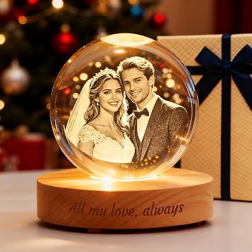 Personalized 3D Crystal Ball with Photo Text, Christmas Snow Globes Memorial Gifts, 7 Corlor Lamp with Wood Base, Custom Anniversary Birthday Gifts for Men Women Baby Pets Ultrasound 3D Crystal Ball