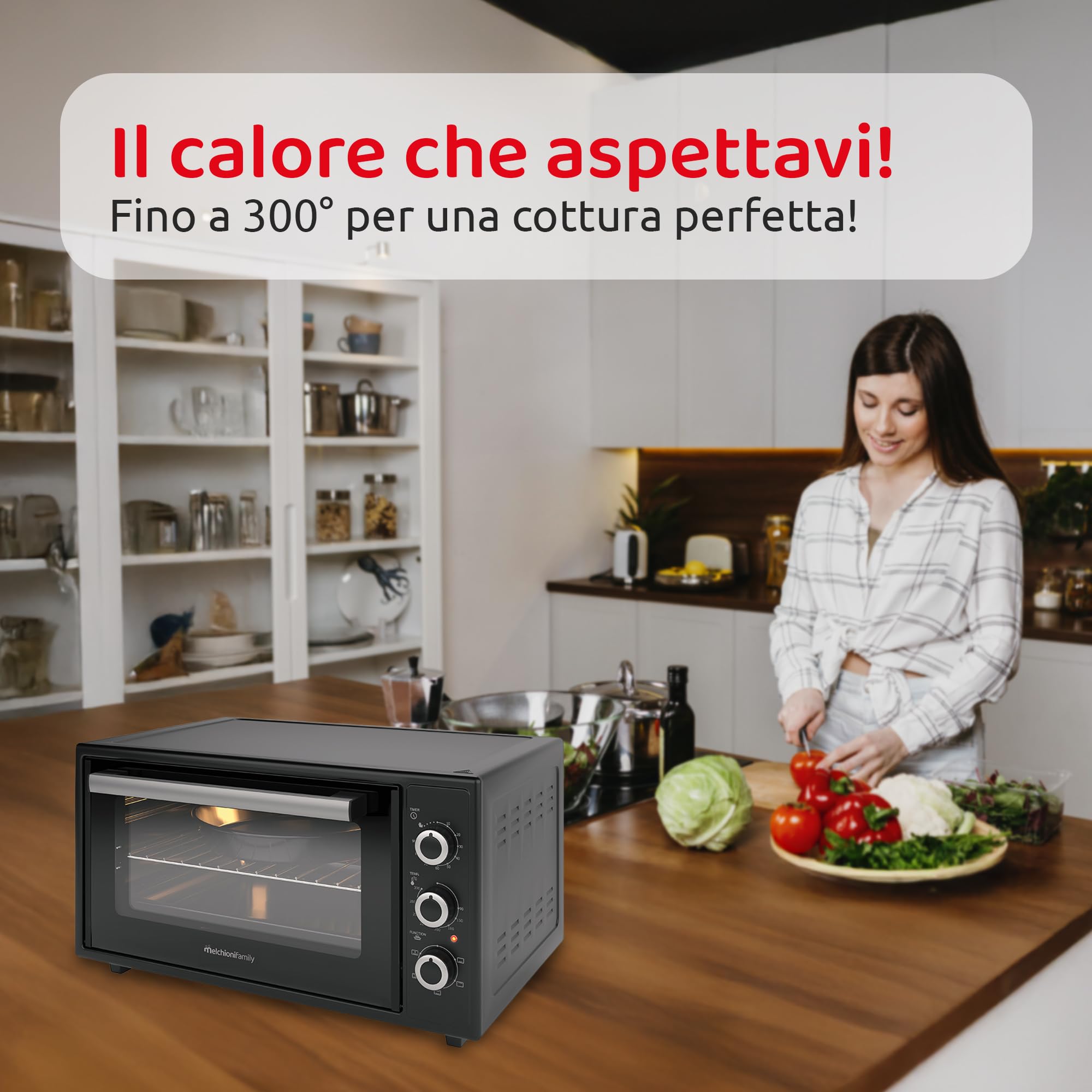 Melchioni Family Forno Elettrico 45 Litri - Alta Temperatura 300°C - Timer 60 Minuti - Luce Interna - Funzione Ventilata per Cottura Uniforme - Ideale per Pizza e Arrosti - 2000W - Nero