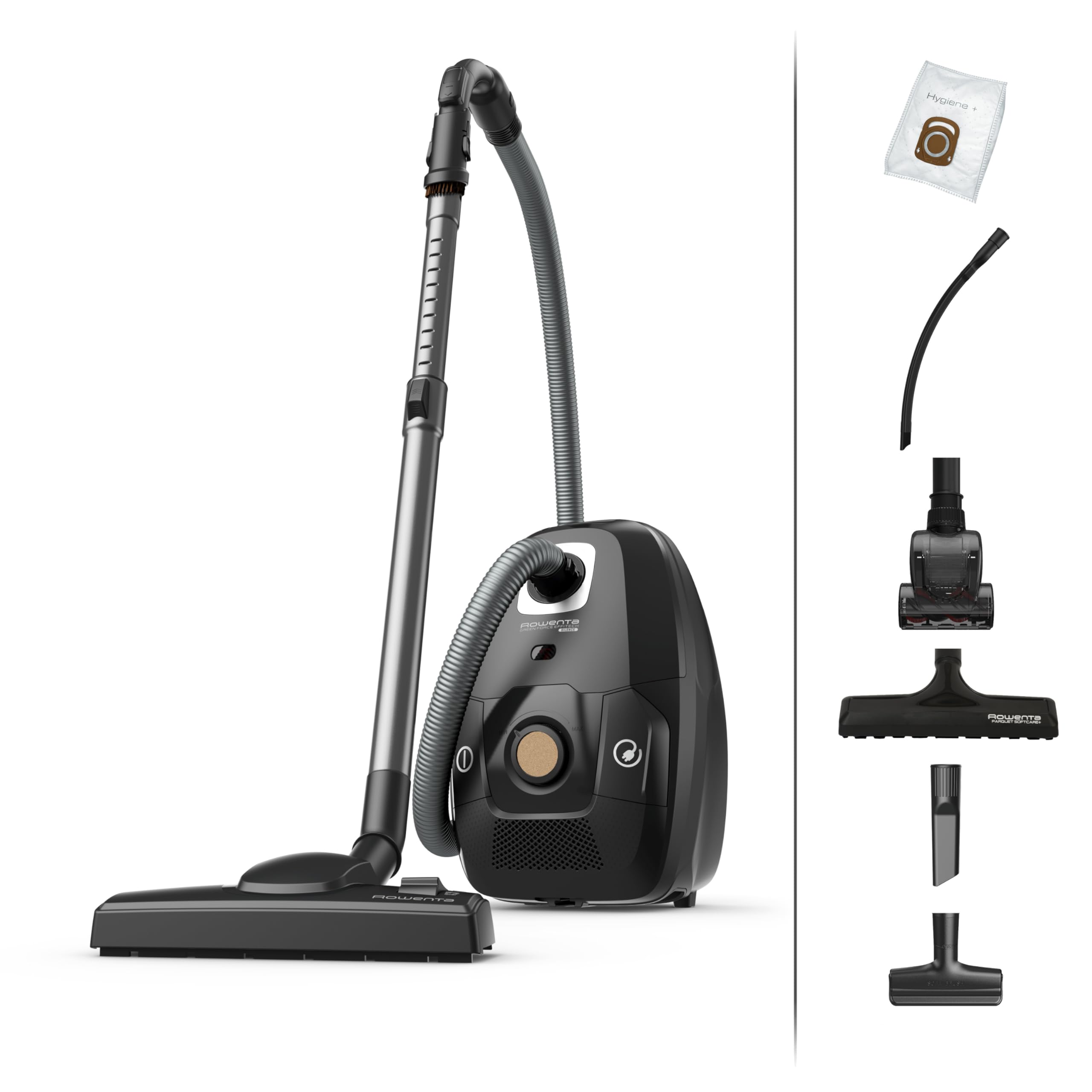 Rowenta Aspirateur avec sac, Moteur basse consommation, Haute filtration, Ultrasilencieux, Eco responsable, Nombreux accessoires, Fabriqué en France, Green Force Effitech, Noir/liège RO6189EA
