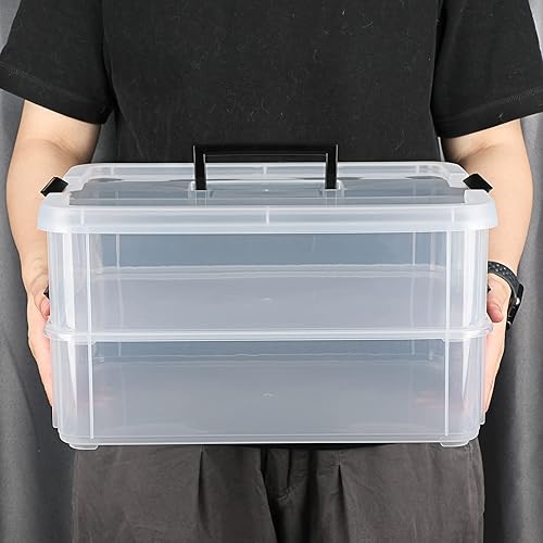 Miniatura 4 de BTSKY Caja de almacenamiento portátil multiusos de 2 capas, caja de almacenamiento portátil de plástico para organizar artículos de papelería,