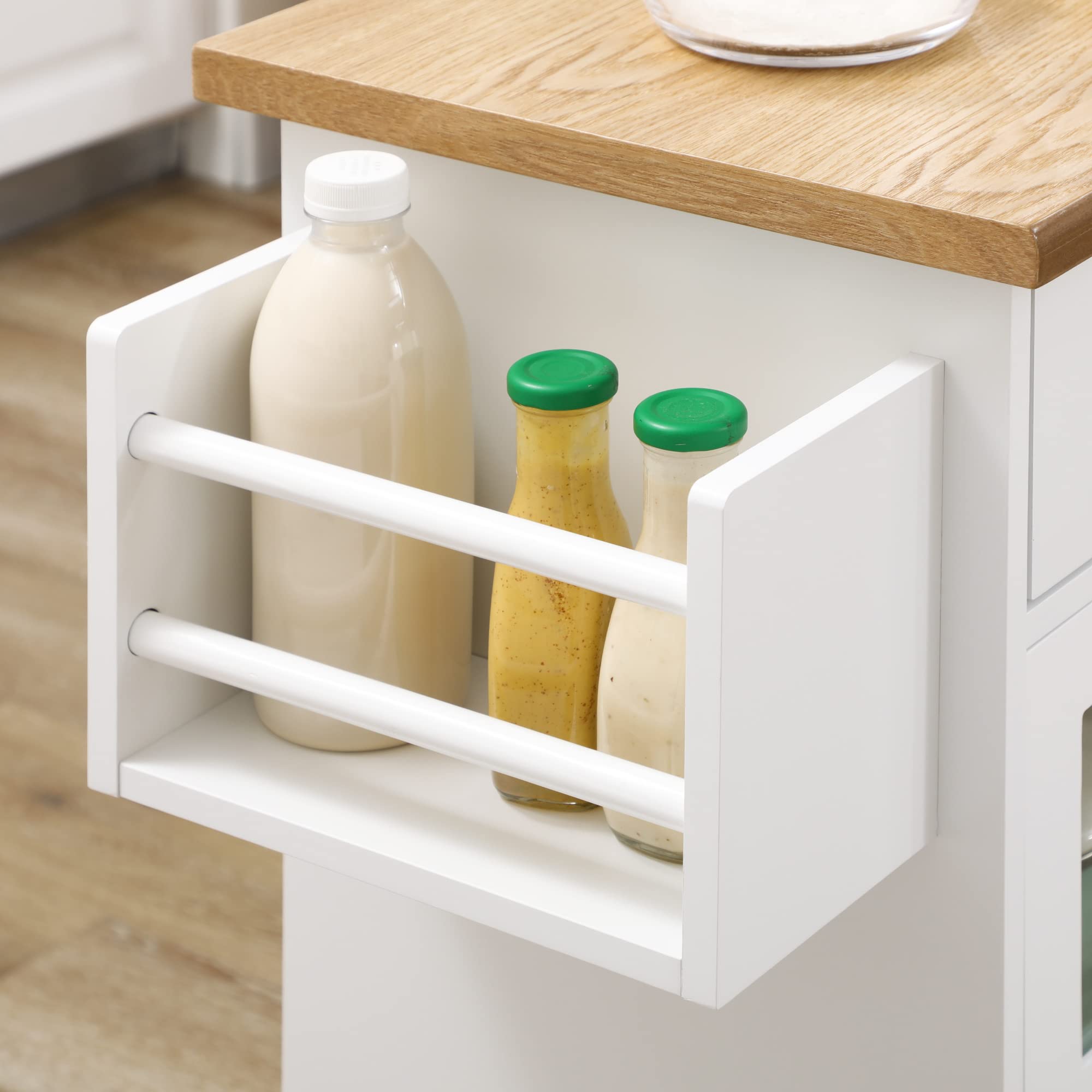 HOMCOM Carro de Cocina Isla de Cocina con Ruedas Multifuncional con 2 Cajones 3 Puertas de Vidrio Templado Toallero y Especiero 124,5x39,5x90 cm Blanco