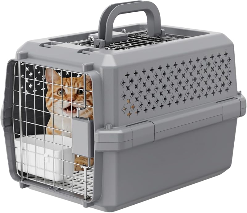 Airline-Approved Pet Carrier: Hard-Sided Crate for Cats & Dogs | Secure Metal Locking Door / Multi-Side Ventilation / Top Carry Handle / Lightweight Durable Shell / Includes Travel Bowl
