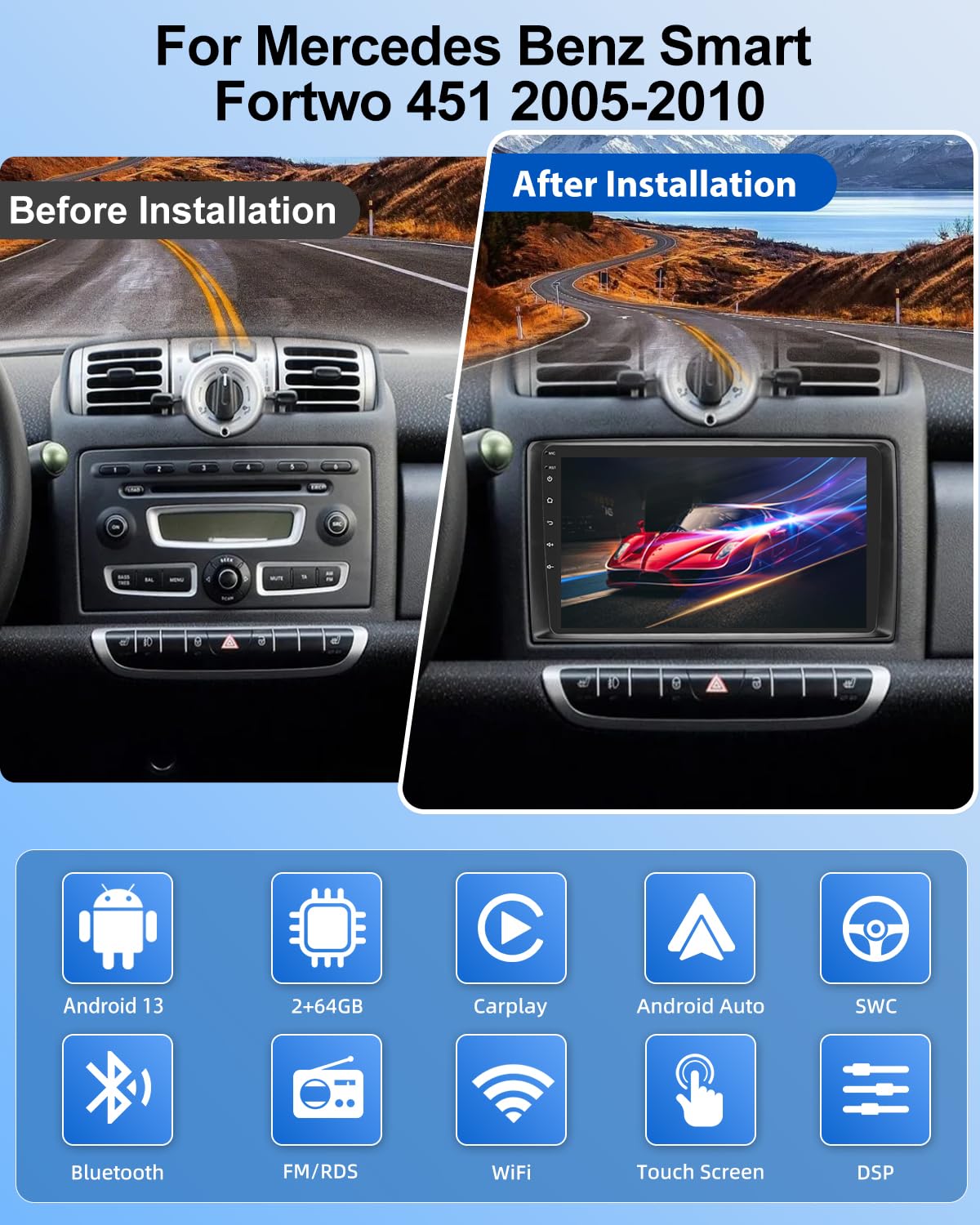 Autoradio Android NHOPEEW 2G+64G per Benz Smart Fortwo 451 2005-2010 - Carplay wireless e Android Auto - Autoradio Carplay da 9 pollici con WiFi EQ GPS FM RDS + telecamera posteriore AHD e microfono