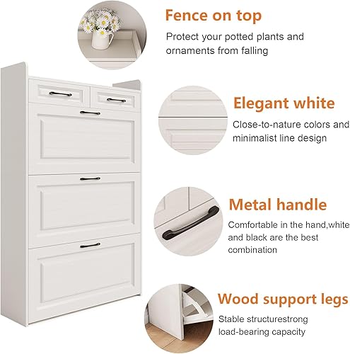 Miniatura 3 de ODUWA Armario de zapatos para entrada, armario de almacenamiento de zapatos delgado blanco con 3 cajones abatibles y 2 cajones de almacenamiento,