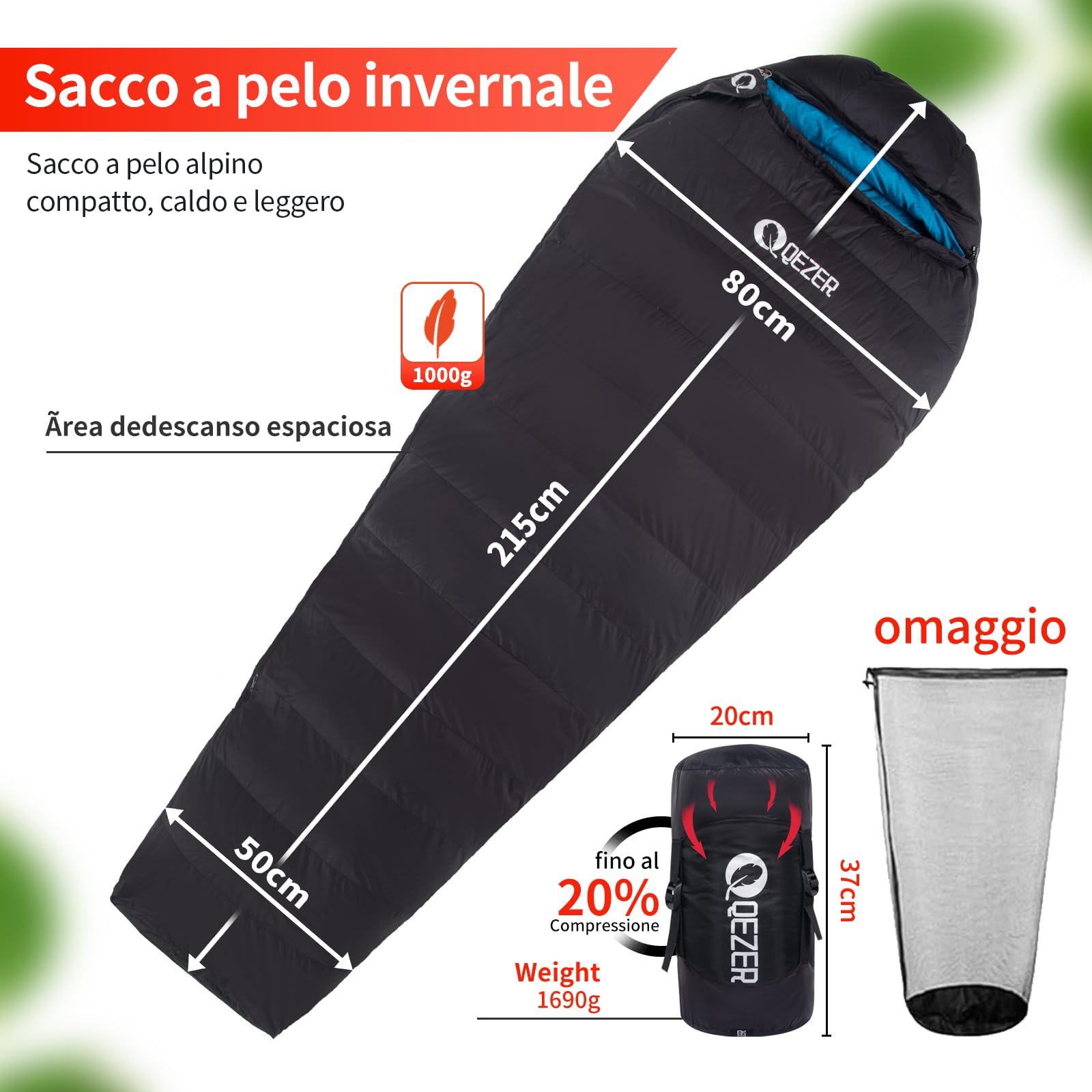 QEZER Sacco a pelo in piuma, sacco a pelo invernale 0℃ ~ -8 ℃~-24℃ 【1.46-2.32 kg】leggero, Compatto,caldo, piumino di alta qualità 600+ FP, per campeggio,escursionismo, alpinismo e viaggi