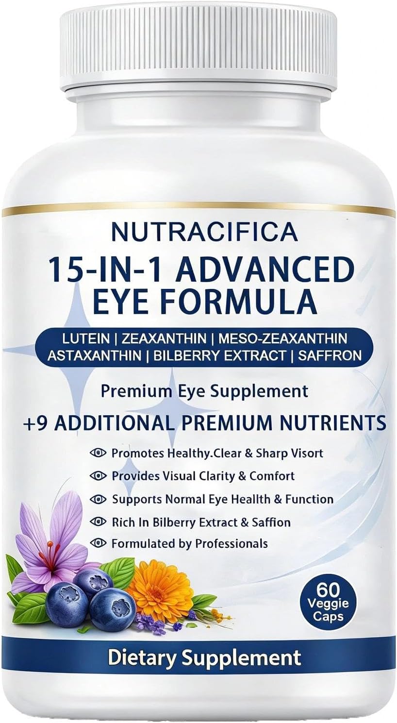 Nutracifica 15-in-1 Advanced Eye Formula – Lutein, Zeaxanthin & Meso-Zeaxanthin with Astaxanthin, Bilberry & Saffron – Vision Support Supplement for Daily Eye Health, 60 Veggie Capsules(1pc)