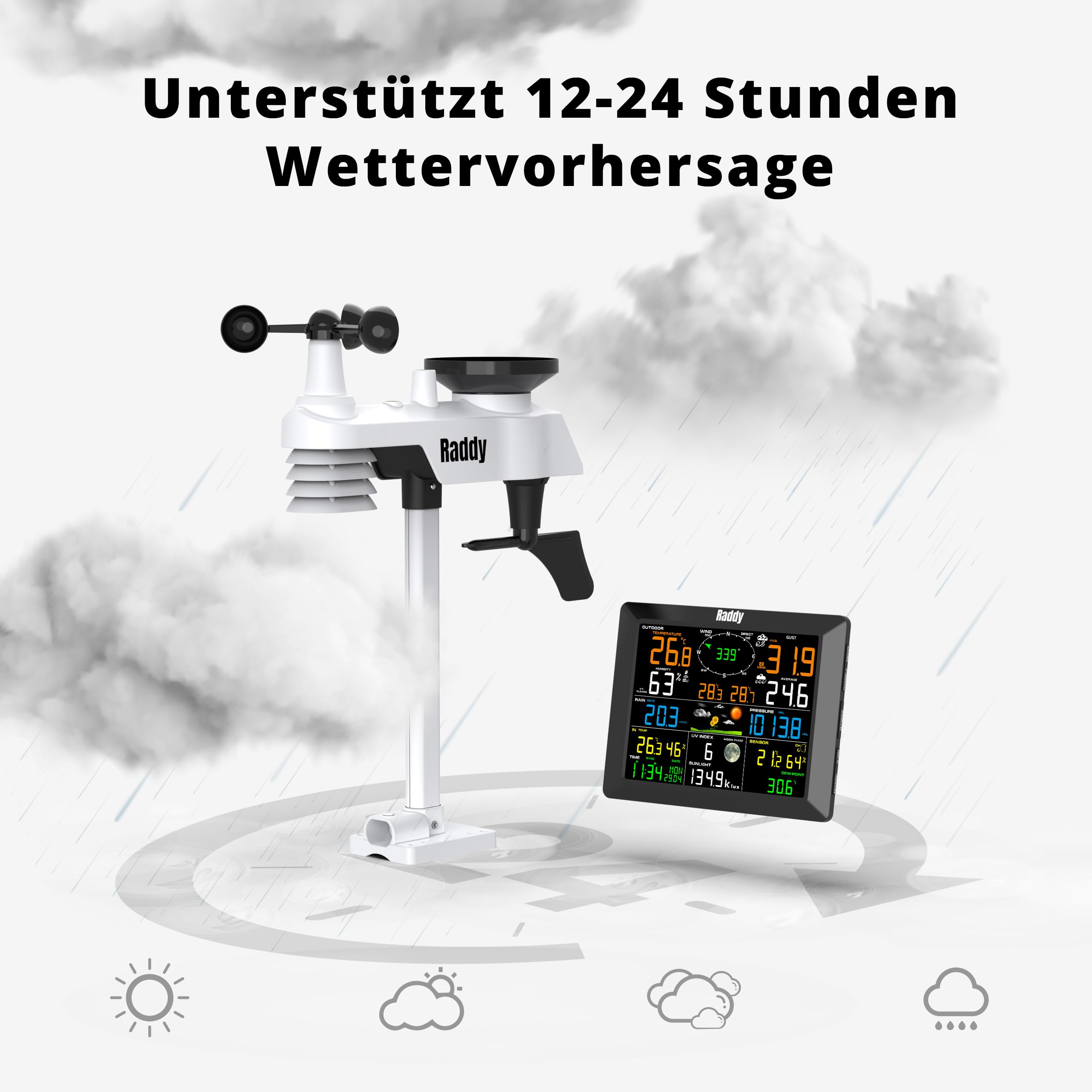 Raddy WF-100C Wetterstation mit Außensensor Funk, 14-IN-1 digitales Wlan Innen-Außenthermometer mit Regenmesser, Luftfeuchtigkeit, Windmesser für Zuhause, Büro & Schlafzimmer in Geschenkbox
