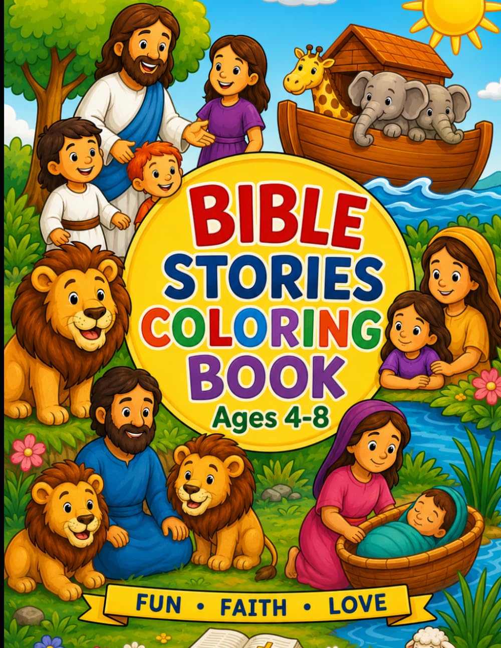 Bible Stories Coloring Book For Kids: 1. Fun Faith Activities for Boys and Girls 2. Christian Coloring Pages for Preschoolers 3. Bible Animals, Noah’s Ark, Jesus & More