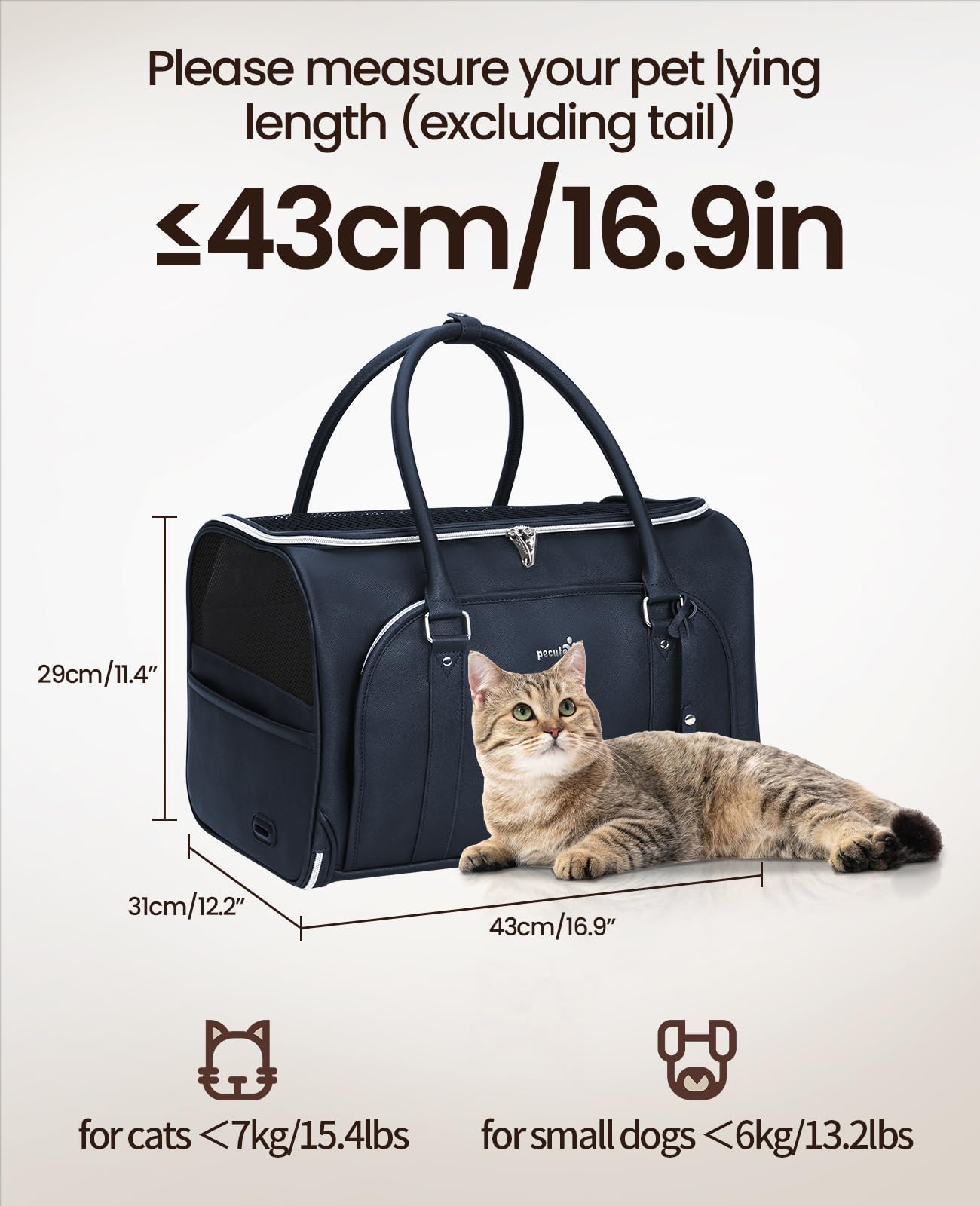 Pecute Transportin Gato de Moda, imitación de Cuero Artificial de Tela transportin Perro, Cremallera de Bloqueo, para Viajar, Utilizar el Transporte público o acudir a Citas médicas, Azul Marino