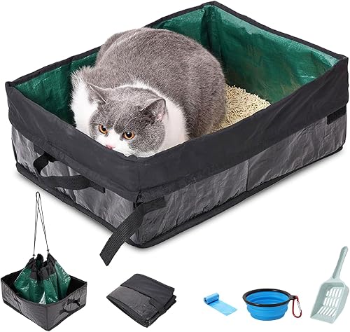 belieonu Travel Litter Box for Cats, Foldable Portable Litter Box, Leak Proof Cat Travel Carrier with Kitty Litter Scoop Bowl, Collapsible Waterproof Odor Free Easy Carrier for Car Outdoor, X-Large