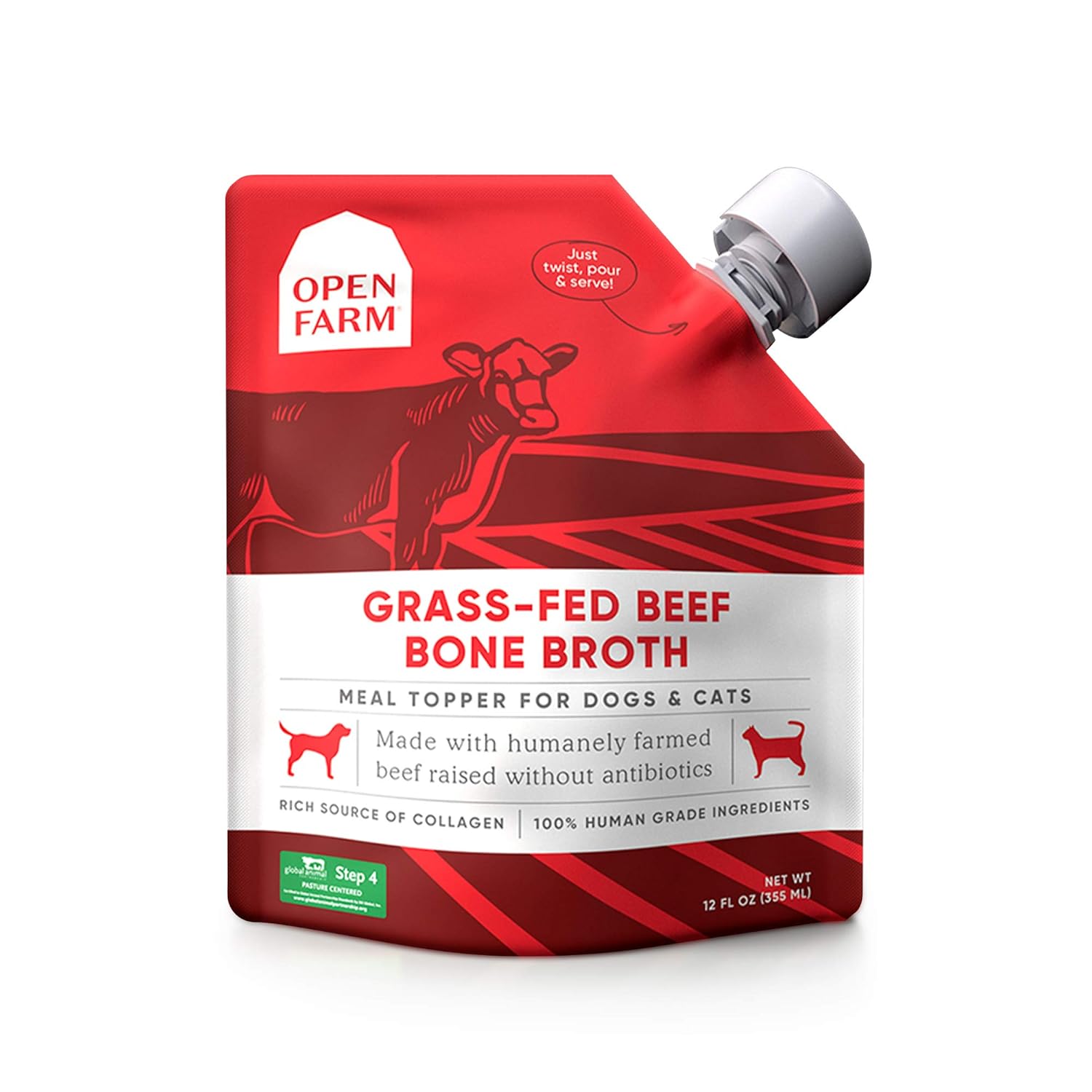 Open Farm Grass-Fed Beef Bone Broth for Dogs & Cats - Human-Grade Food Topper, Collagen-Rich, Responsibly Sourced, 12oz