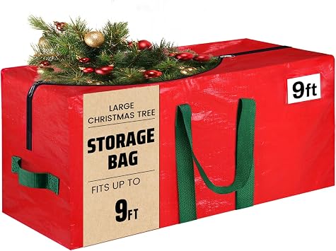 Christmas Tree Storage Bag, Fits 9 Ft Holiday Xmas Artificial Tall Disassembled Tree, Waterproof Christmas Tree Bag with Durable Reinforced Handles & Dual Zipper, Labeling Card Slot, Red
