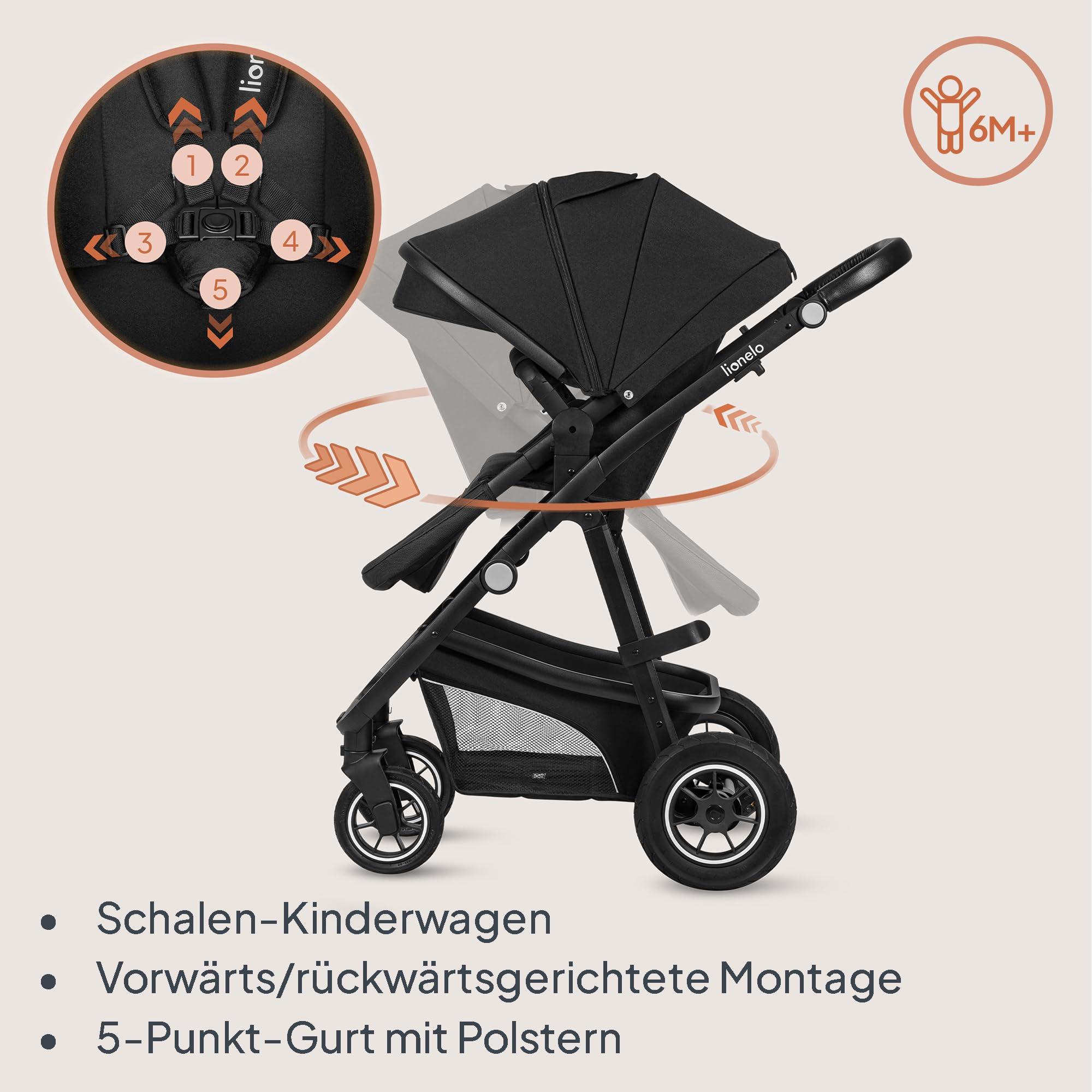 LIONELO BIANKA Kinderwagen 3 in 1 bis 22 kg Babywanne Autositz Reise-System Zusammenlegbar Stoßdämpfer Verdeck XXL