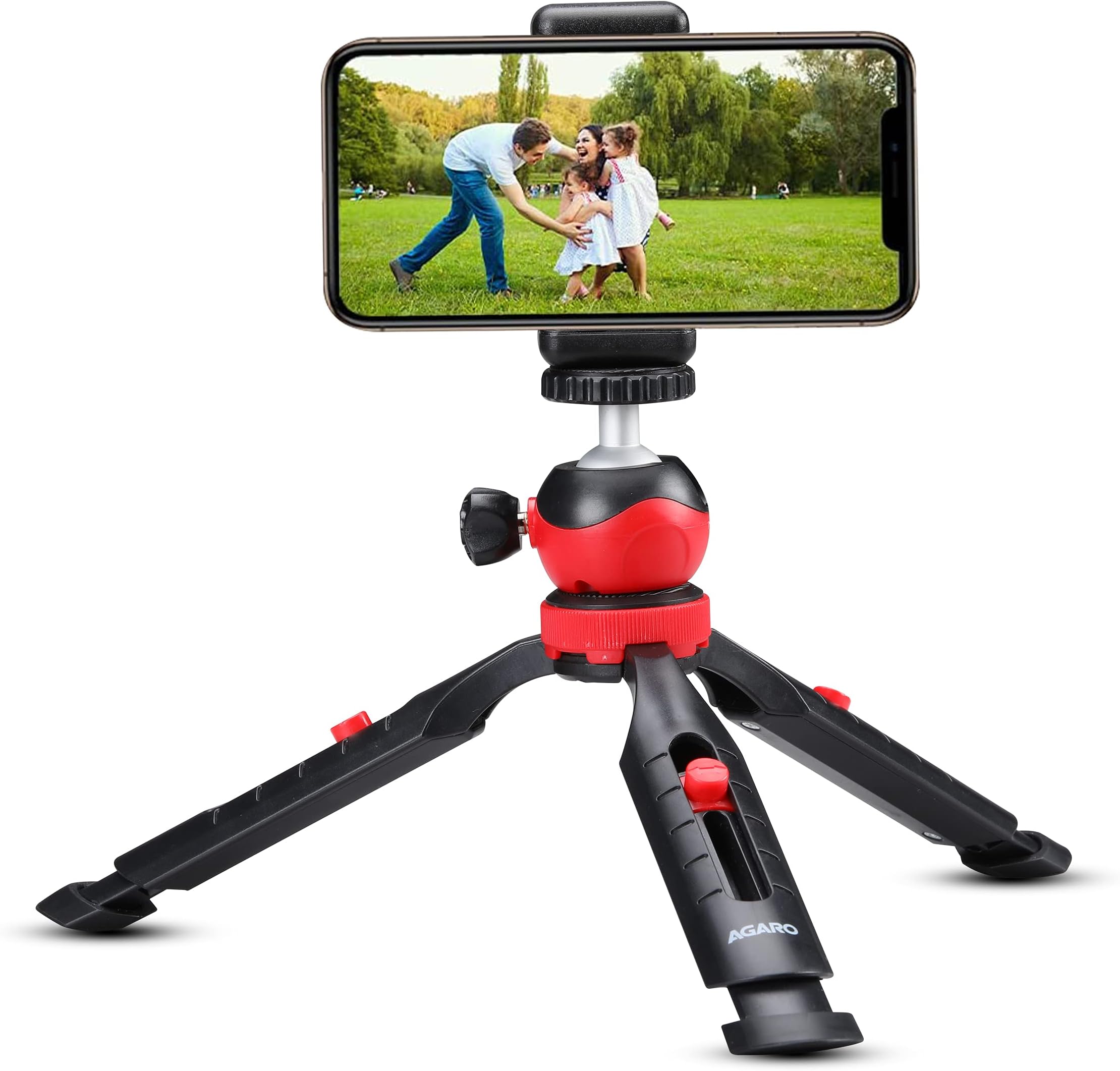 AGARO MTP 215 Mini Tripod with Aluminum Ball Head, up to 1 kg Load Capacity, 5 Step Adjustable Height and Smart Phone Holder, Red,Black