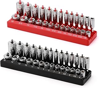 1/4-Inch Drive Socket Organizer Trays, 2-Piece SAE and Metric Socket Tray Set, Deep and Standard Socket Holders Organizers for Toolbox, Black & Red