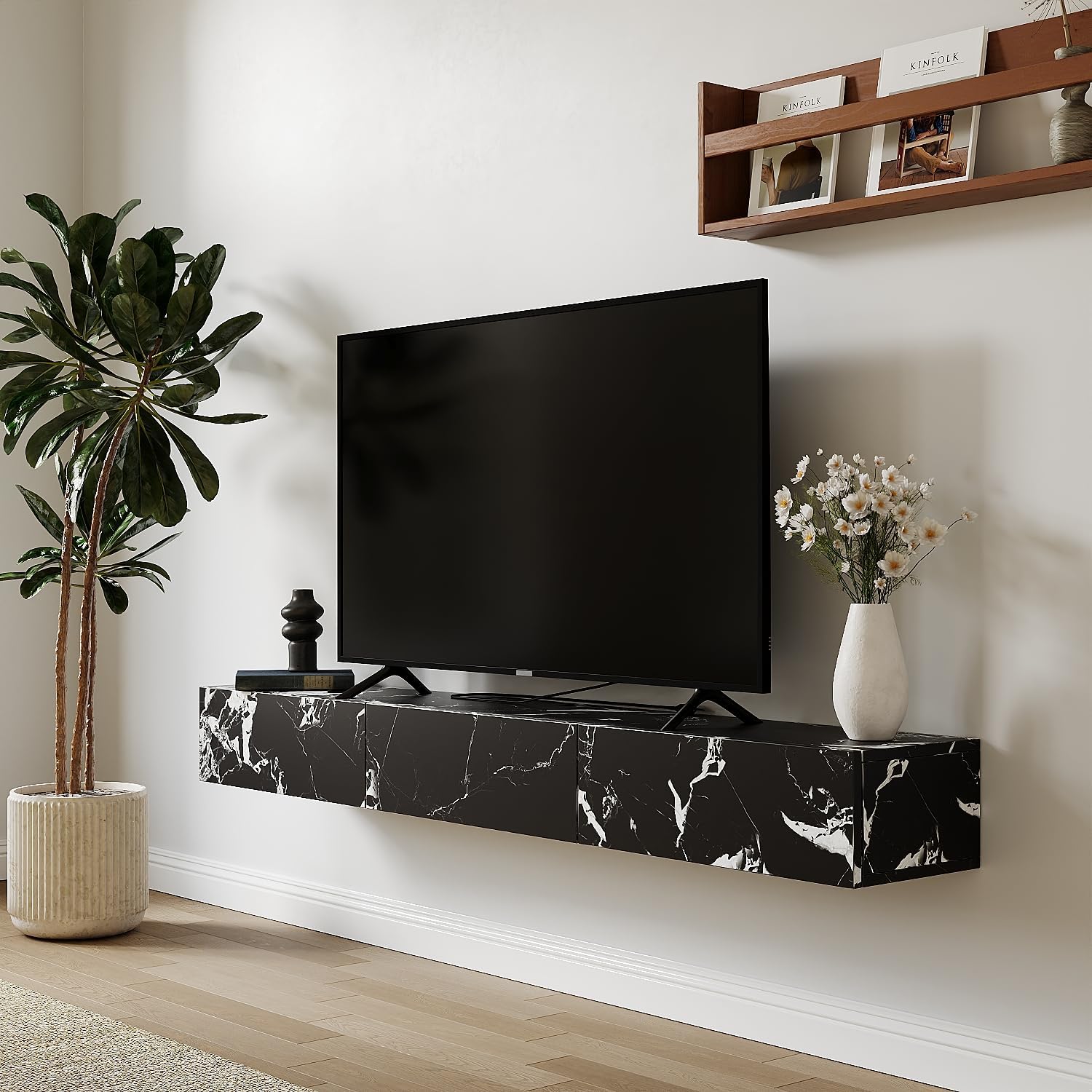 47'' Floating TV Stand with 3 Drawers, Floating Entertainment Center Wall Mounted TV Concsole Floating TV Cabinet Media Console for Bedroom Living Room, Marble Black - Image 2