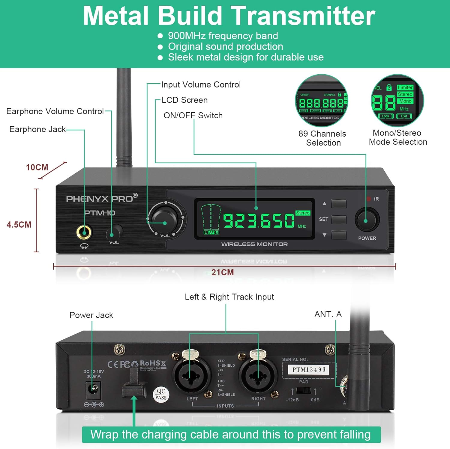 Phenyx Pro UHF Stereo Wireless in Ear Audio Monitor System, Selectable Frequency 900MHz Band, Rack Mountable, 160 ft. Operation, Ideal for Stage, Studio, Exhibit, Lecture, Speech (PTM-10) : Musical Instruments