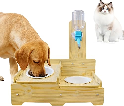 Soporte de cuenco de agua para mascotas, dispensador ajustable de madera para perros y gatos con 2 cuencos de acero inoxidable  Estación de