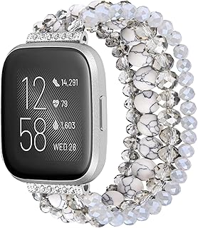 CAGOS Beaded Bracelet Compatible with Fitbit Versa 2 Band/Fitbit Versa Bands Women, Handmade Jewelry Elastic Replacement Bands Pearl Straps for Fitbit Versa 2 Special Edition SmartWatch (White)