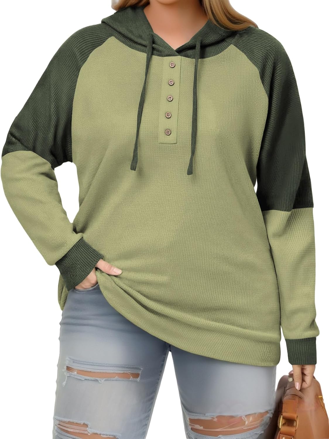 VISLILY Plus-Size-Hoodies for Women Trendy Color Block Tops Raglan Long Sleeve Drawstring Button Hooded Waffle Sweatshirts - Image 2