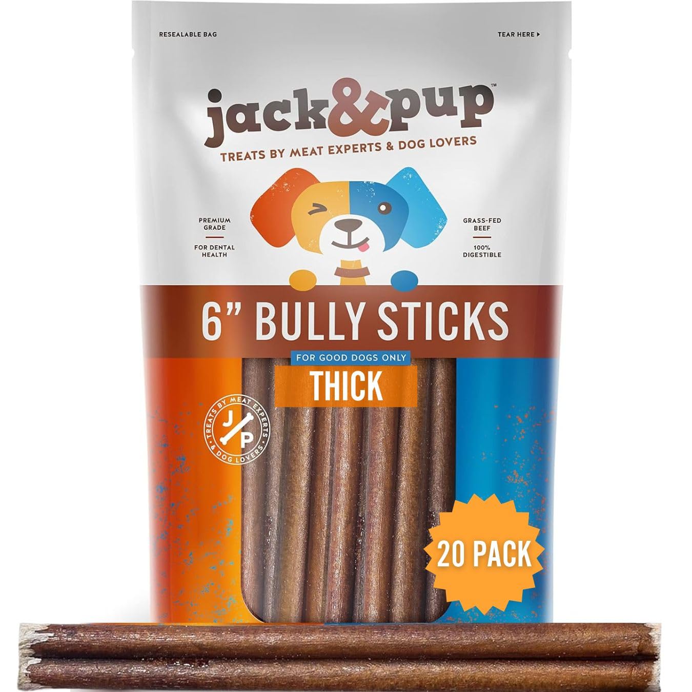 Jack&Pup 6-inch Bully Sticks for Large Dogs (20 Pack) All Natural Thick Bully Sticks for Dogs, Single Ingredient Long Lasting Pizzle Sticks