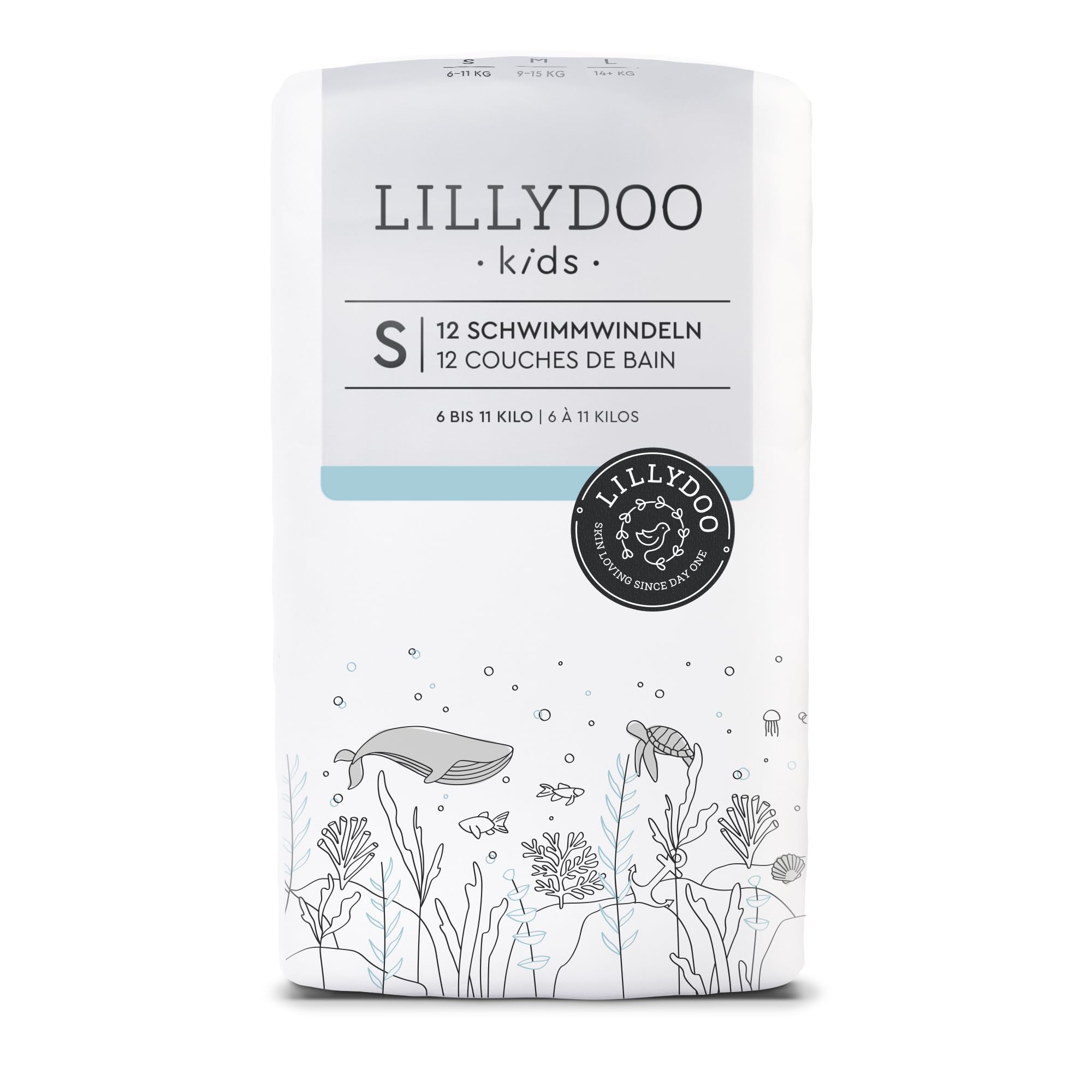 LILLYDOO hautfreundliche Einweg-Schwimmwindeln für Babys, Größe S (6-11 kg), 3 Packungen (36 Stück) mit 2 stilvollen Designs