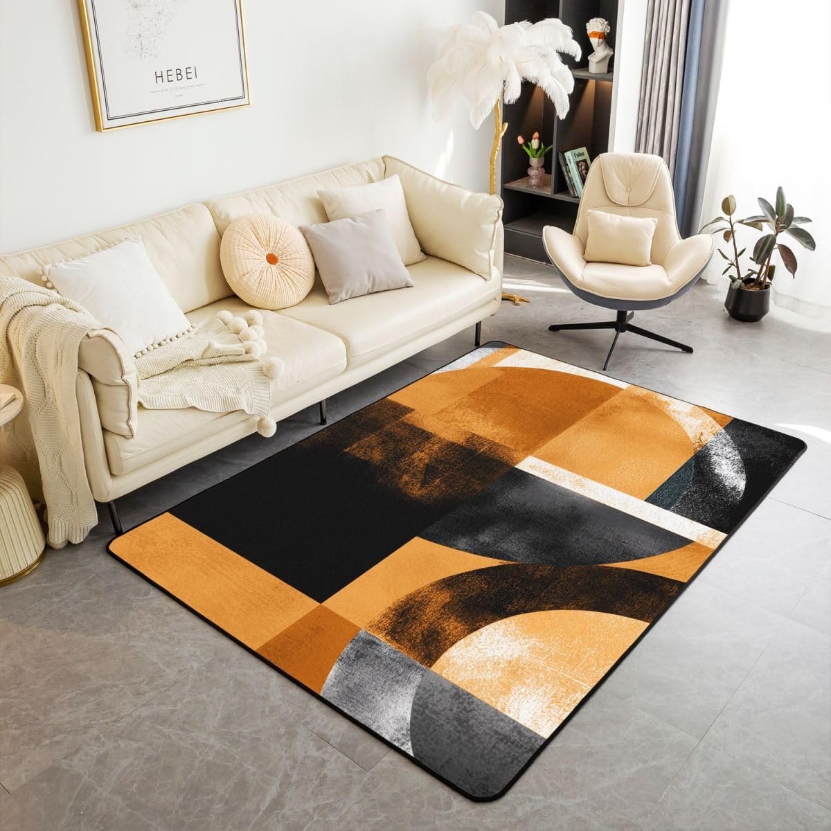 Orange Black White Area Rug 5x7 for Girls Boys Kids Geometric Decorative Carpet Set Room Decorative Glitter Rugs for Living Room Bedroom Luxury Indoor Floor Mat Abstract (No Glitter)