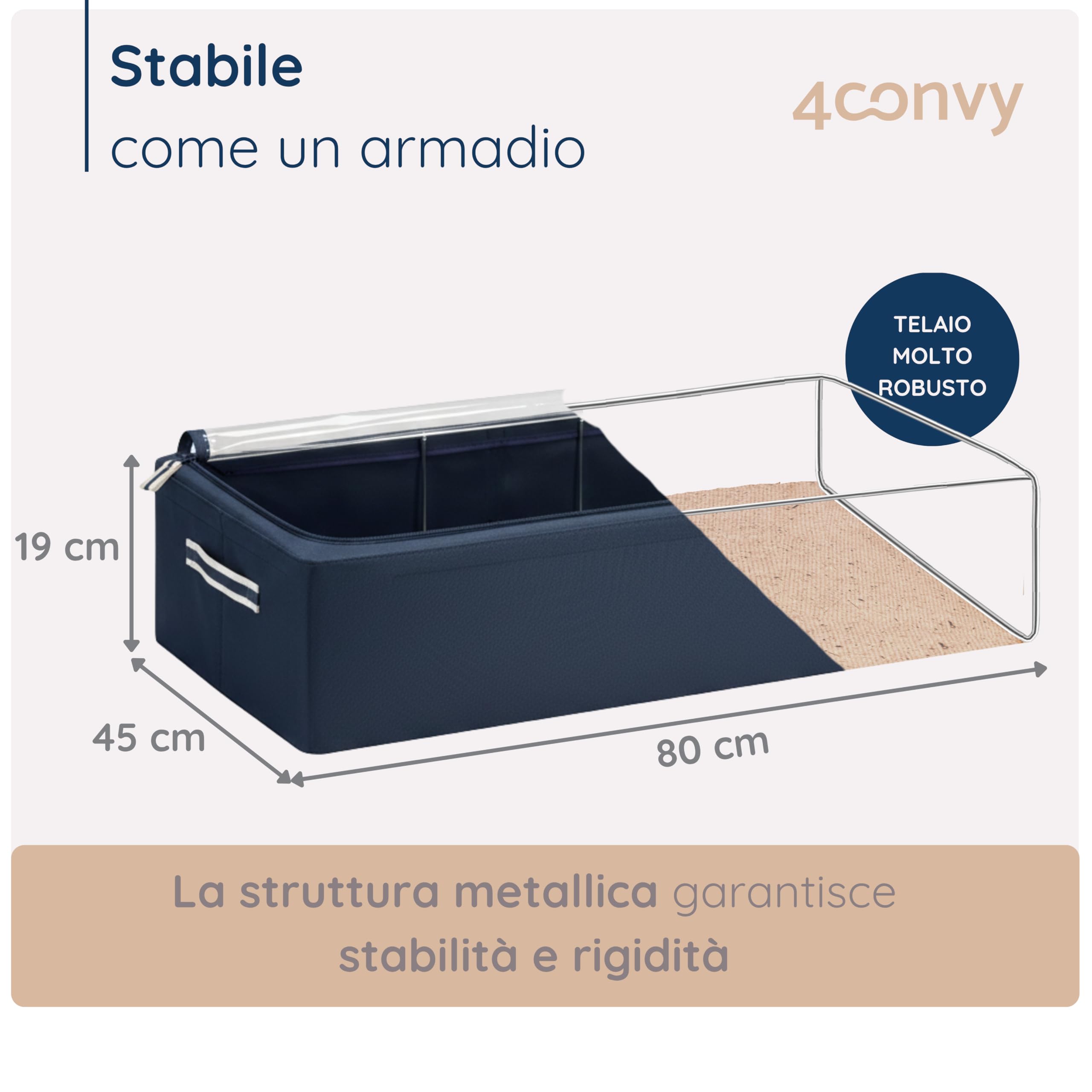 4CONVY contenitori per riporre sotto il Letto per Vestiti, Trapunte - Scatole per Armadio Rigide con Cerniera – [2024 MATERIALE AGGIORNATO] – Organizzatore con Struttura in Metallo Pieghevole – 2x68L