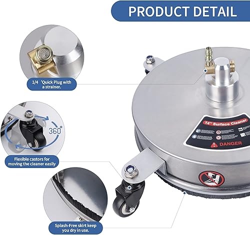 Miniatura 6 de Biswing - Limpiador de superficies para hidrolavadora de 14 pulgadas con 4 ruedas, accesorio de lavadora a presión de acero inoxidable para limpieza