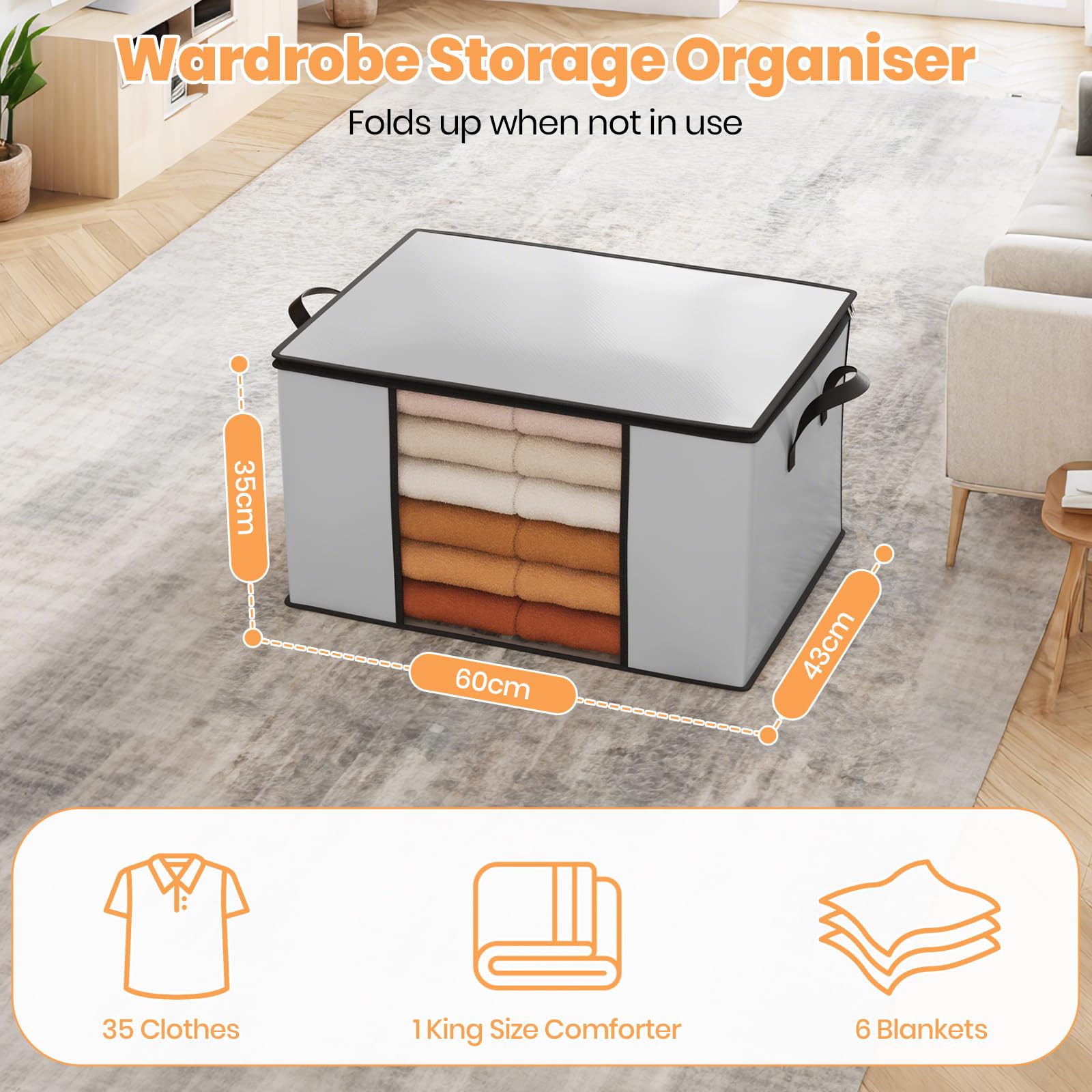 Oak & Tea Storage Bags 90L 6-Pack, Moving Bags & Wardrobe Organiser with Lid & Zips, PE Coated Woven Fabric - Image 3