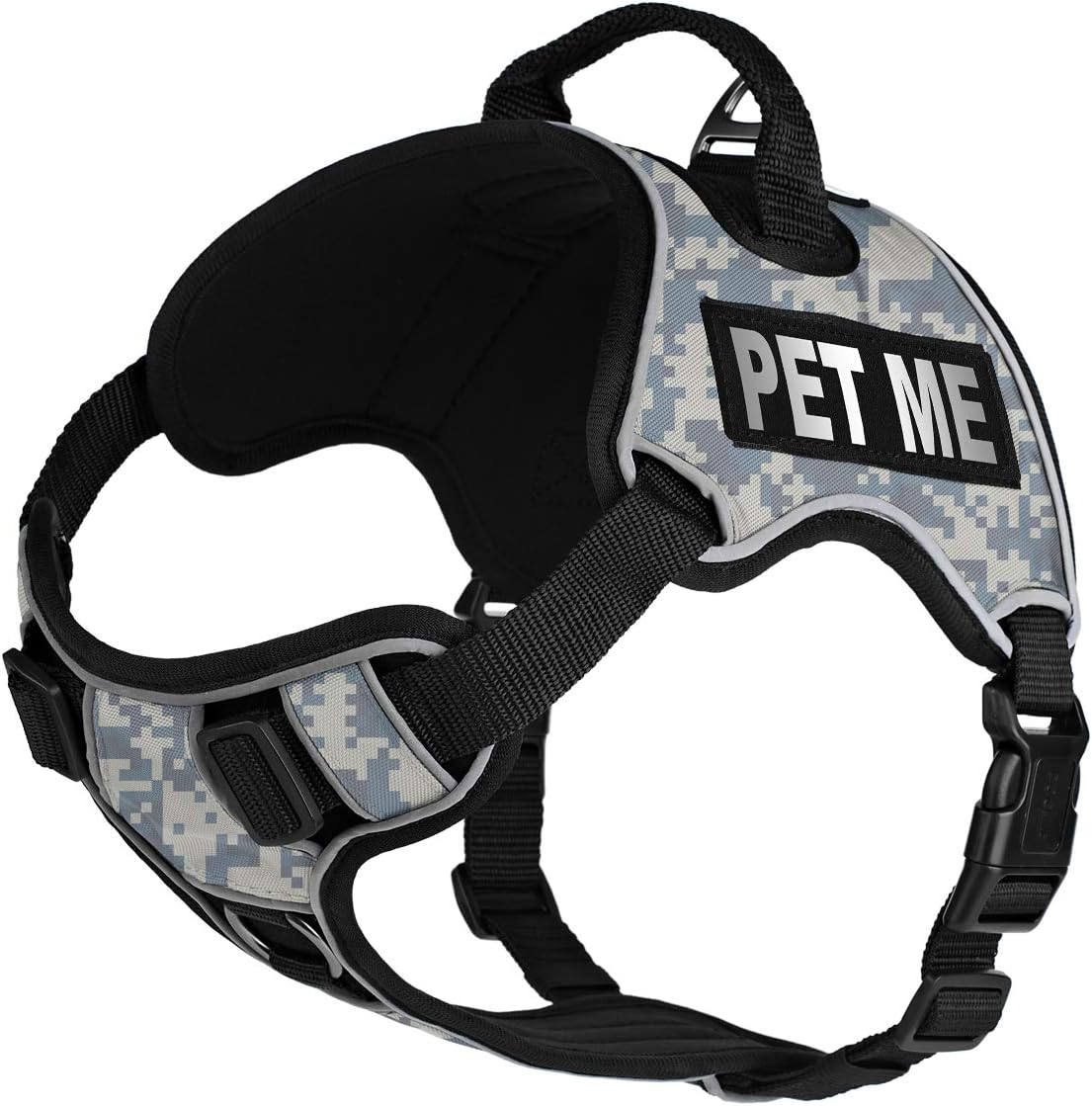 Dogline Quest No-Pull Dog Harness with Pet Me Reflective Removable Patches Soft Comfortable Dog Vest with Quick Release Dual Buckles Black Hardware and Handle 18 to 22 inches UrbanCamo