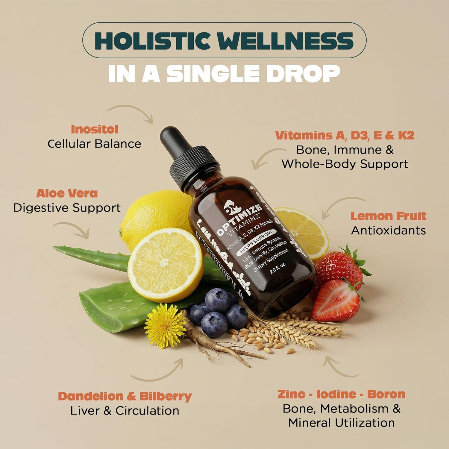 Optimize Vitaminz Liquid Vitamin D3 K2 Drops with Dandelion Root & Bilberry | Immune, Liver & Bone Support, MK-7 Formula, Fast Absorption Liquid Multivitamin, 30 Day Supply, 2 Fl Oz