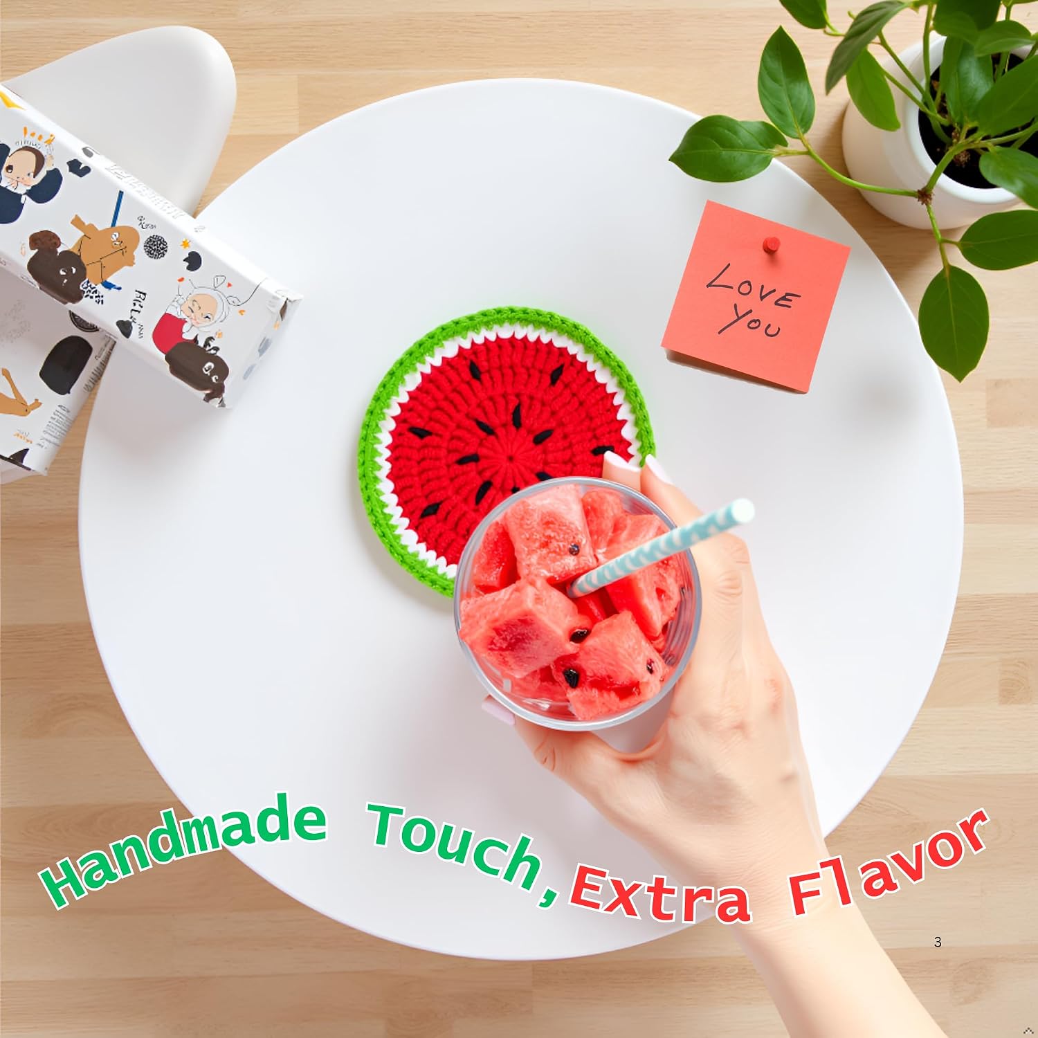 Drink Coasters Set of 4, Cute Crochet Fruit Coaster Gifts for Women, Funny Coffee Table Decor and Housewarming Gift for Home or Office
