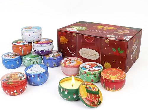Paquete de 12 velas perfumadas de Navidad, velas en tarro de 2.5 onzas, 12 fragancias navideñas para mujeres, 12 horas de tiempo de combustión,