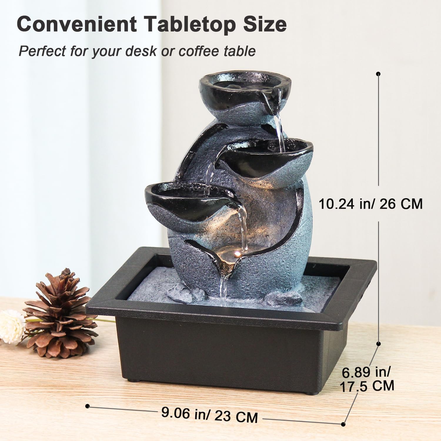 Indoor Tabletop Water Fountain, Resin Zen Meditation Waterfall Fountain with ON/Off Switch, Indoor Waterfall Feature with Color LED Light for Home Office Decor