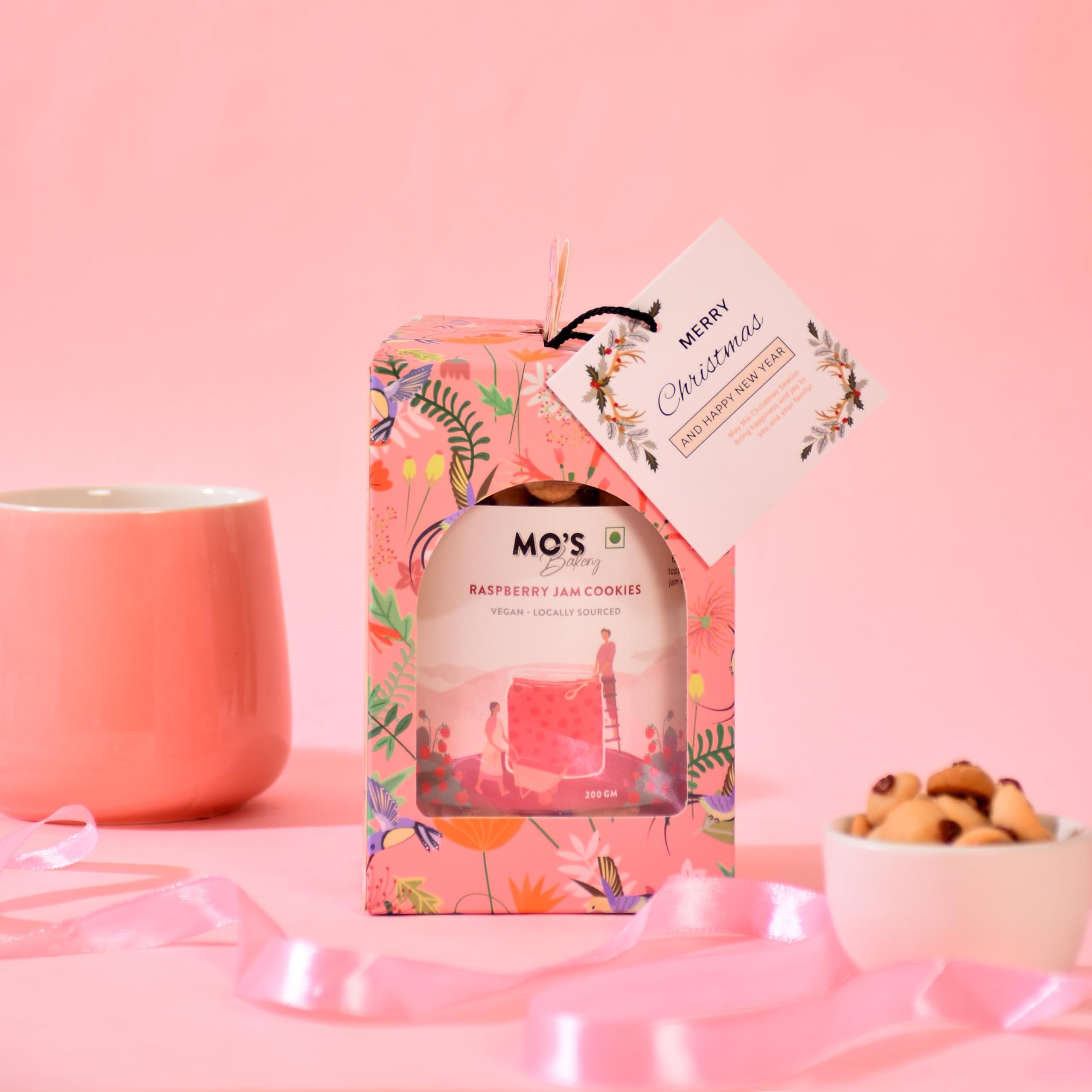 Mo's Bakery Premium Christmas & New Year Pink Gift Box with Raspberry Cookies,New Year Goals Diary & Xmas Greeting Card | Healthy Christmas Gift 2