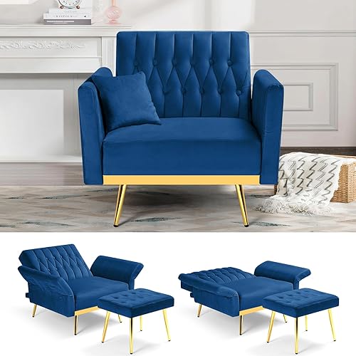 Silla decorativa de terciopelo con respaldo y reposabrazos ajustables, sillón reclinable individual con otomana y patas mentales doradas para sala