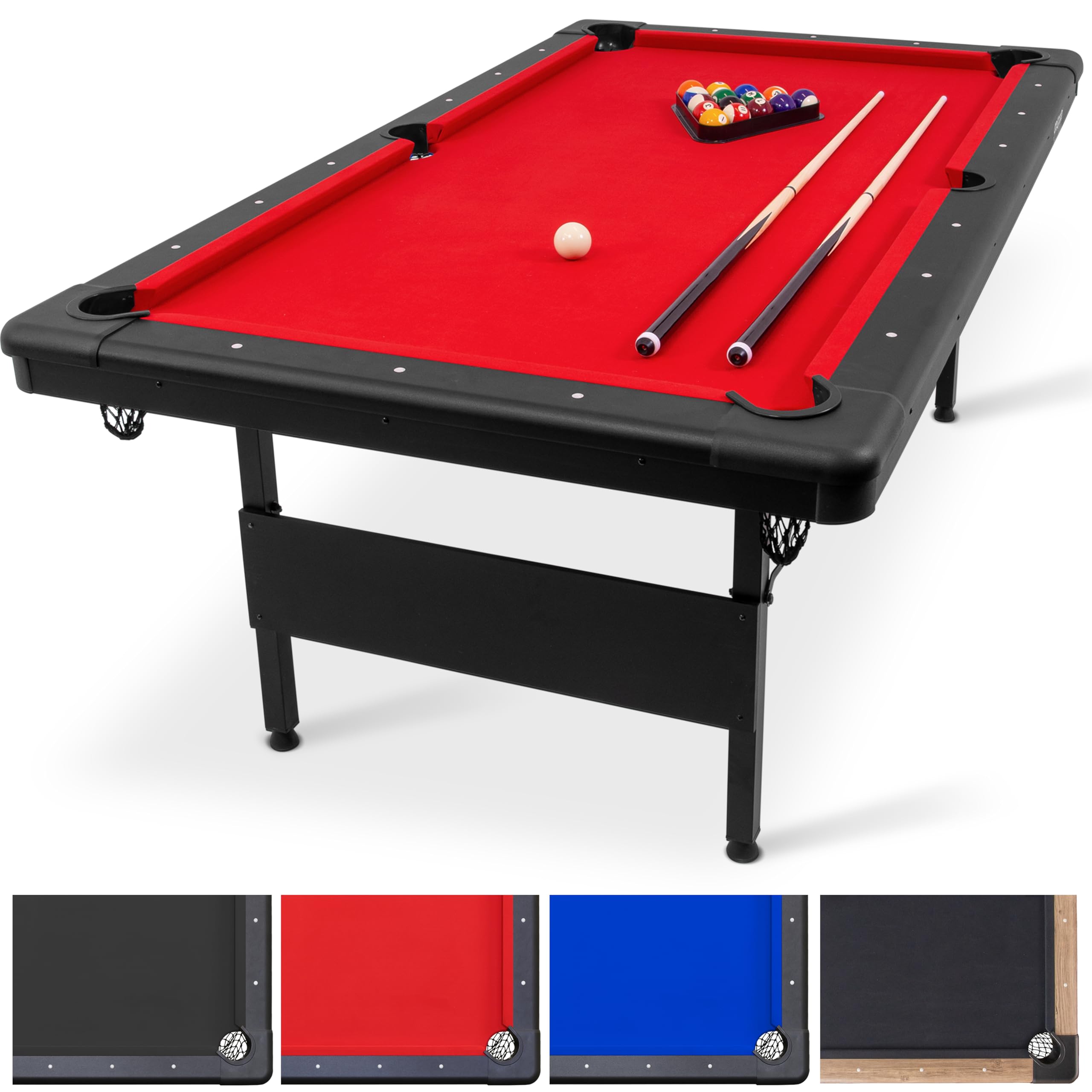 GoSports 6, 7, or 8 ft Billiards Tables - No Assembly, Choose Your Color - Portable Pool Table Includes Full Set of Balls, 2 Cue Sticks, Chalk and Felt Brush