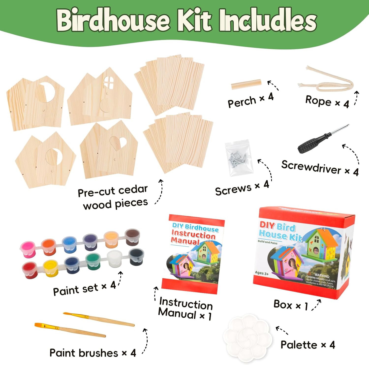 DoodleDoo 4 Pack Wooden DIY Birdhouse Kit, Art and Craft, Bird Houses Indoor Outdoor Painting Kit with Paint & Brushes for Kids Ages 6-12 Birthday Gift for Adults Boys Girls