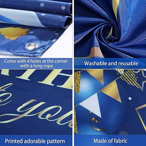 Miniatura 6 de Pancarta de decoración de feliz cumpleaños azul marino y dorado, suministros de fiesta de cumpleaños, fondo de fotos para fiesta de cumpleaños,