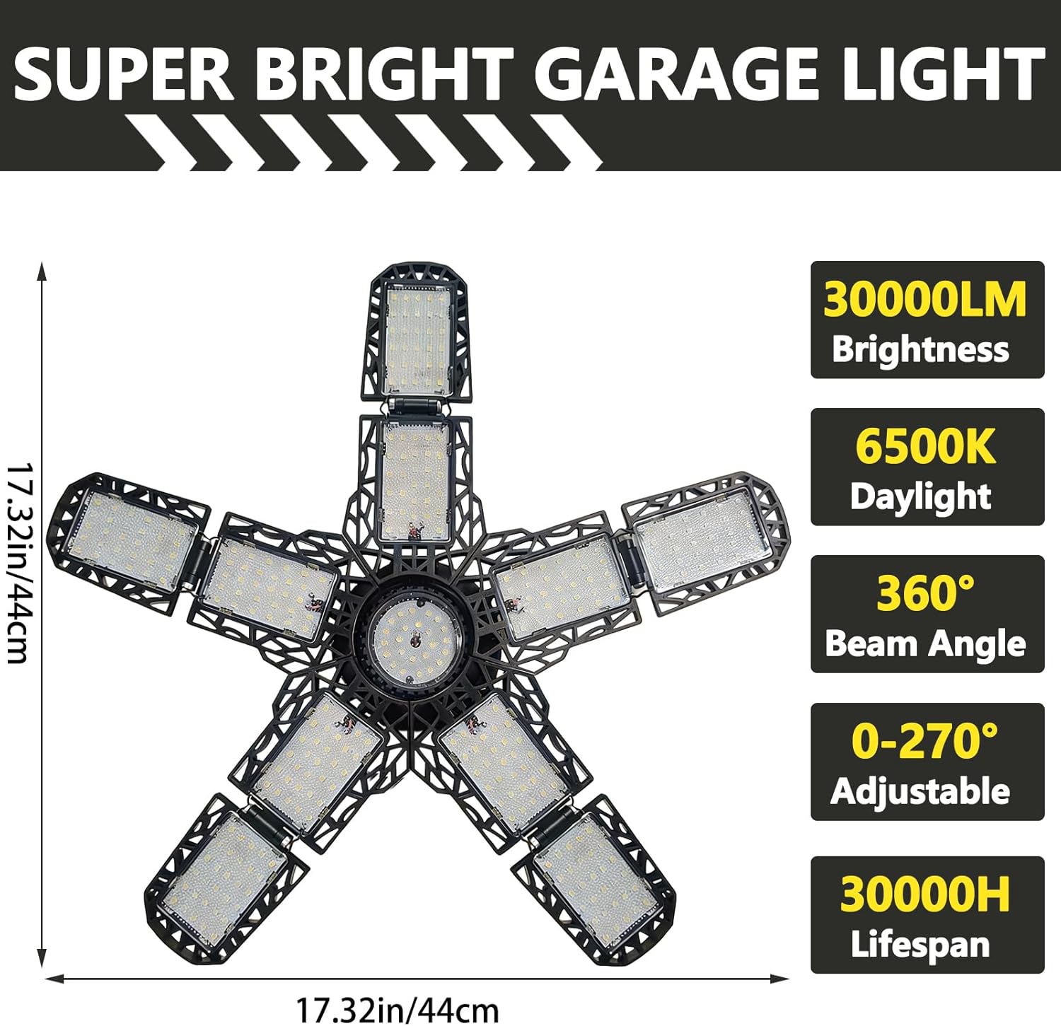 4Pack 300W LED Garage Light, 30,000LM High Output Ceiling Shop Light with 10+1 Adjustable Panels, 6500K Daylight E26/E27 Screw-in Industrial Lighting for Garage Workshop Basement Utility Room