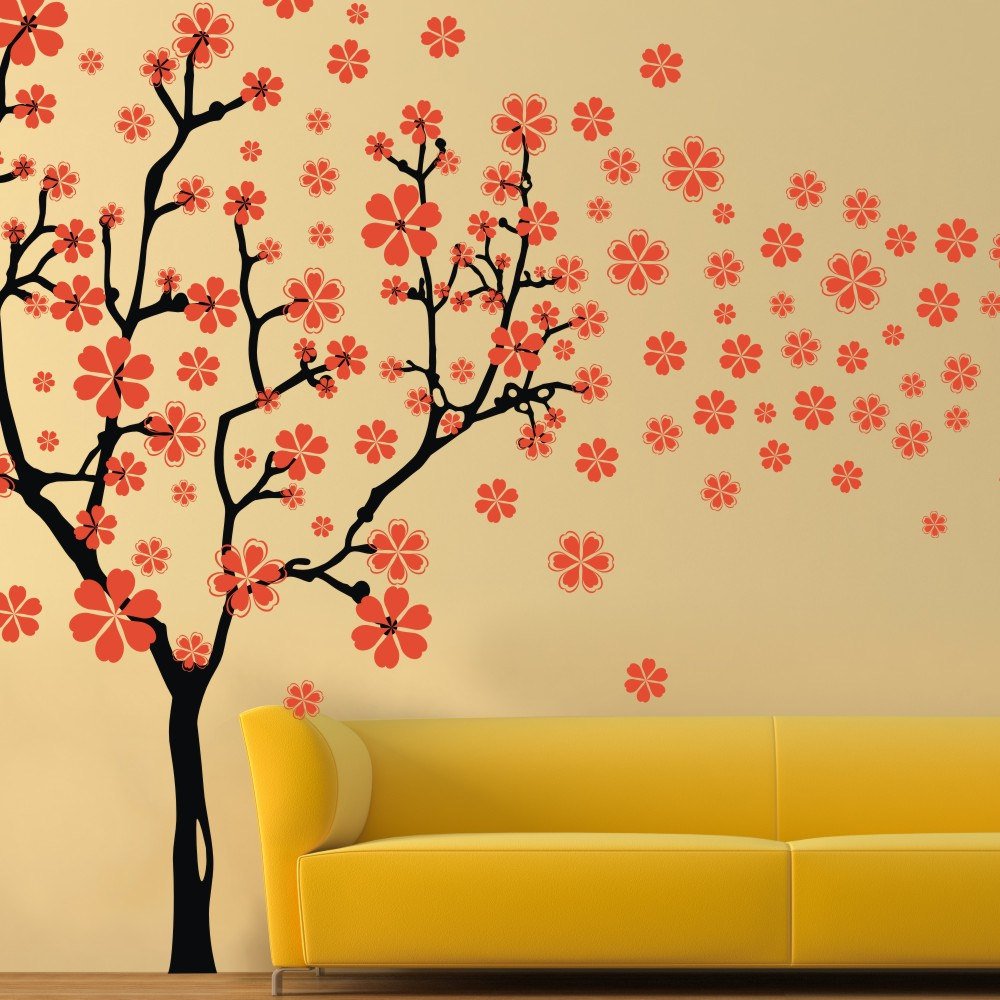 Autocollant Mural Grand Arbre Fleuri Avec Cygne - H. Environ 140cm - Décoration Chambre, Salon, Bureau - PVC Amovible