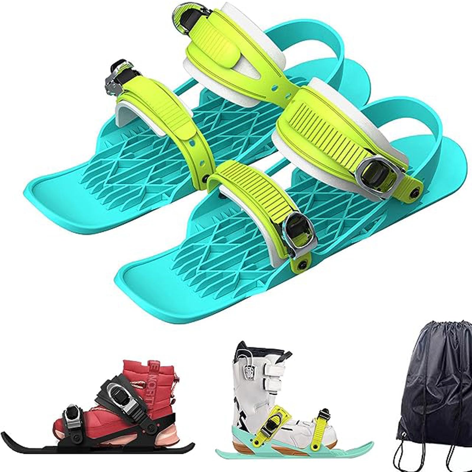 Adjustable Short Mini Ski Skates, Winter Snowskates Snowblades Skiboards Outdoor Ski Shoes for Winter Sport Skiing Equipment?Short Mini Skating Ski Shoes Free Size Short Snowskates (Green Yellow)