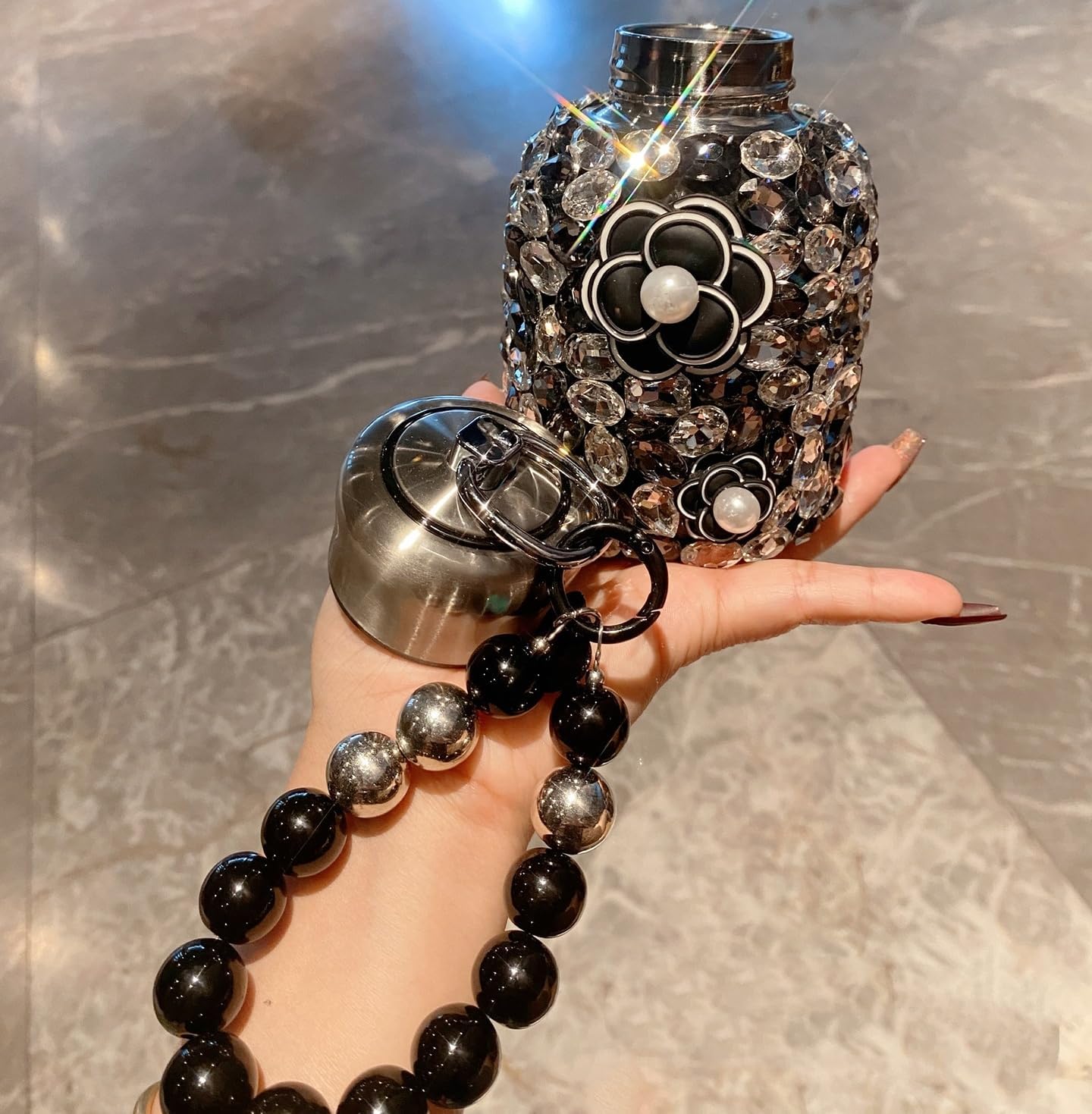 Diamond Water Bottle Rhinestone Stainless Steel Bling Vacuum Flask Refillable Insulated Thermal Bottle Glitter, Pearl Bracelet for Women -Camellia Black