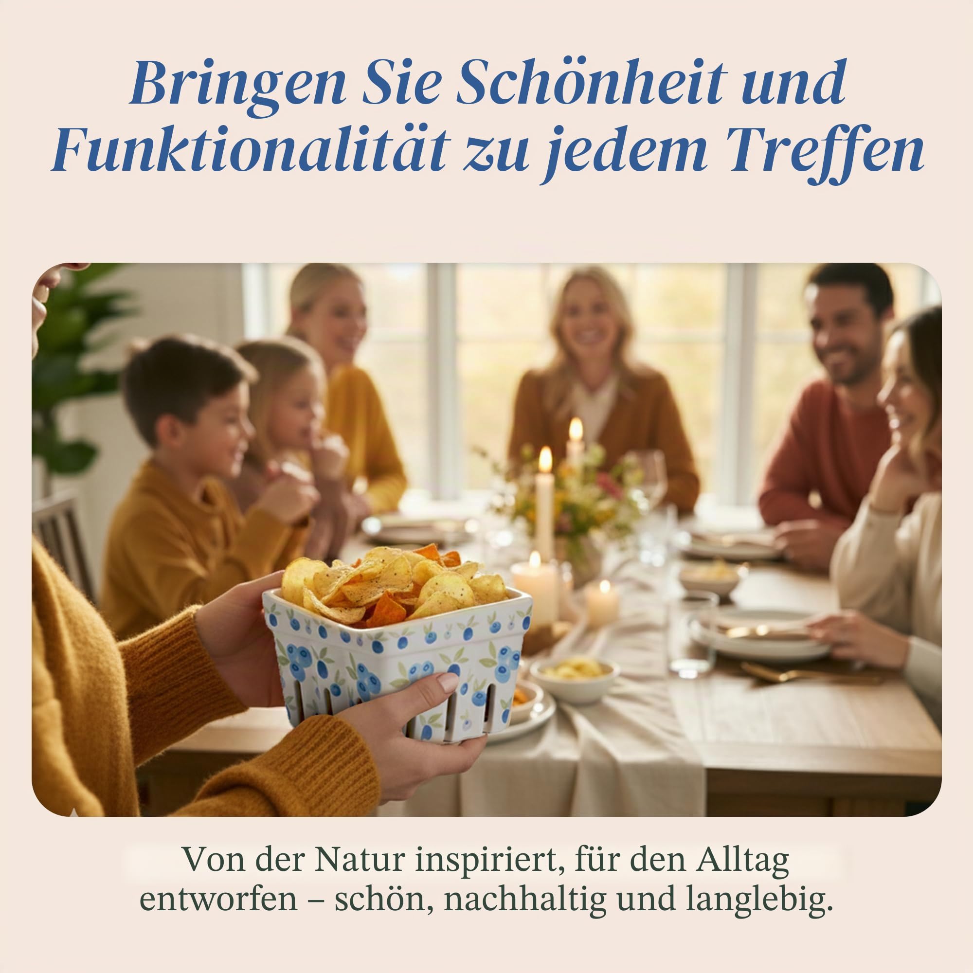 Farmhouse Keramik-Beerenkorb, Sieb, Farmers Market quadratische Schüssel rustikale Küchendekoration Obstschalen Obstkörbe Bleu Weiß und Blaubeere Muster Steingut Ernteschalen Set von 4 | Blaue, weiße und Blaubeer-Designs, Steingut, spülmaschinenfest, abtr
