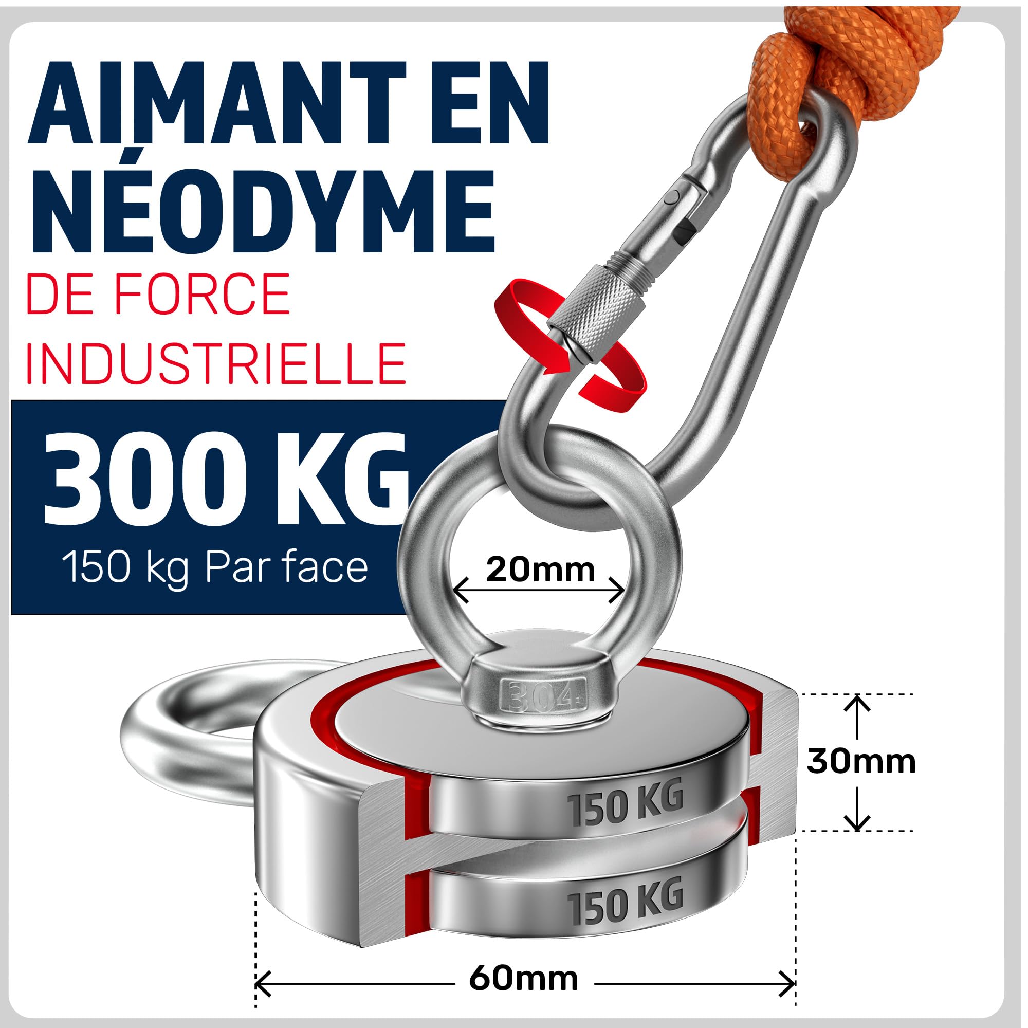 MAGFISHION Aimant Neodyme Puissant - Traction de 150KG - Aimant de Pêche - Ø60mm - Peche a l'aimant avec 2 Cordes, Crochet Triple et Gants - Kit de Pêche Super Magnétique